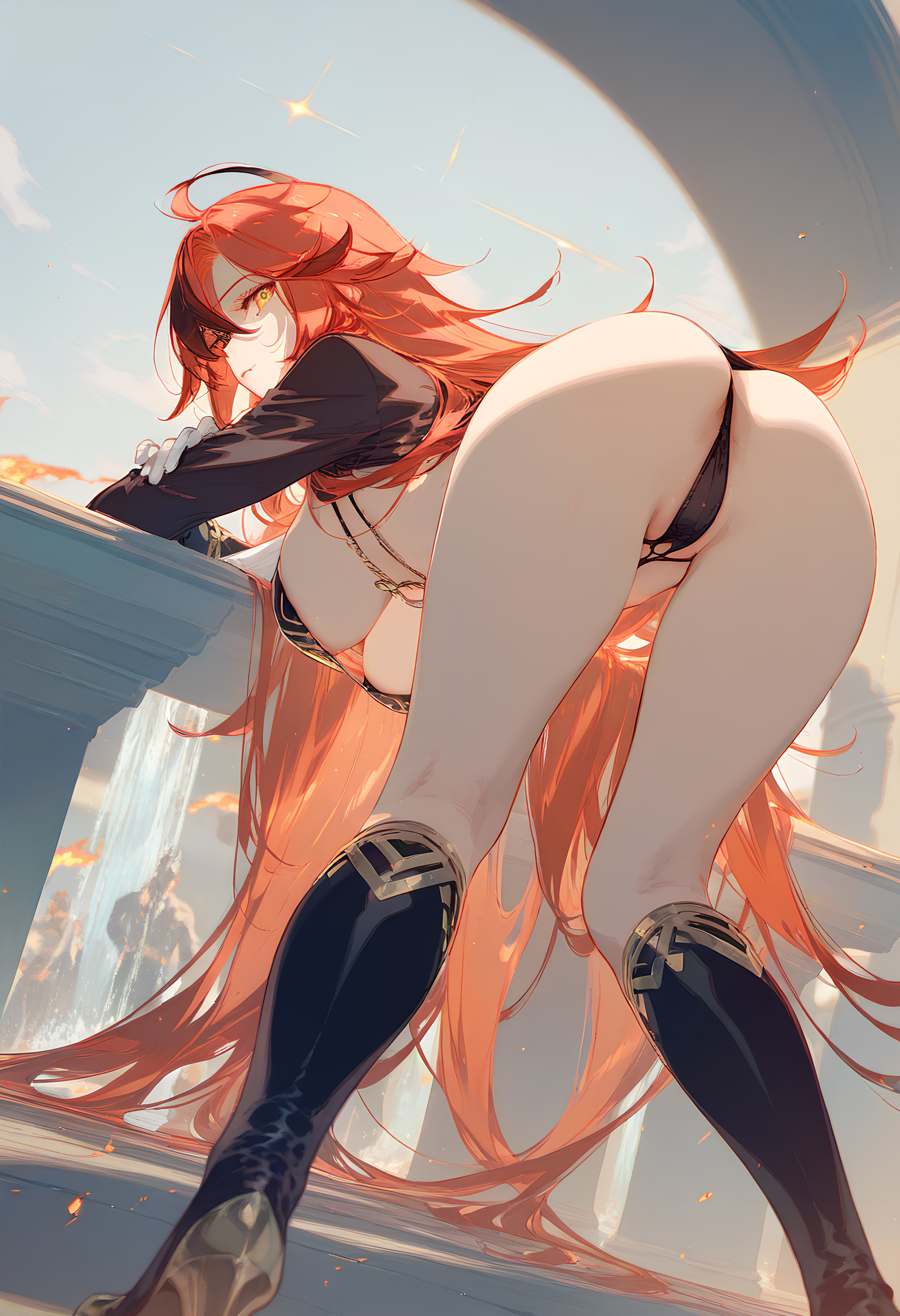 ai generated, ass, ass up, big ass, female, female only, genshin impact, long hair, looking at viewer, mavuika (genshin impact), red hair, solo, solo female, thick thighs, thighs, white body, white skin
