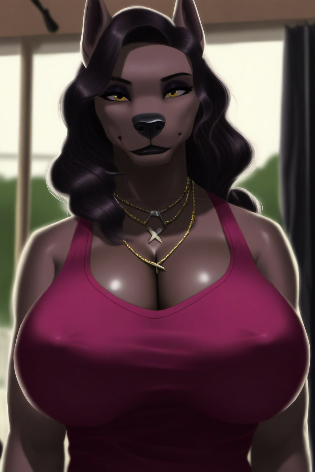 ai_generated amer_eyes animal_ears animal_nose anthro anthro_only brown_hair cane_corso canid canine canine cleavage dark_hair dog_girl dog_woman domestic_canine domestic_dog domesticated_dog eyeshadow female_focus furry furry_breasts furry_female furry_only giant_breasts long_hair looking_at_viewer majorfluffy mature_anthro mature_female milf mother necklace nipple_bulge novelai older_female smile solo solo_anthro solo_female tagme tank_top thick_bottom_lip