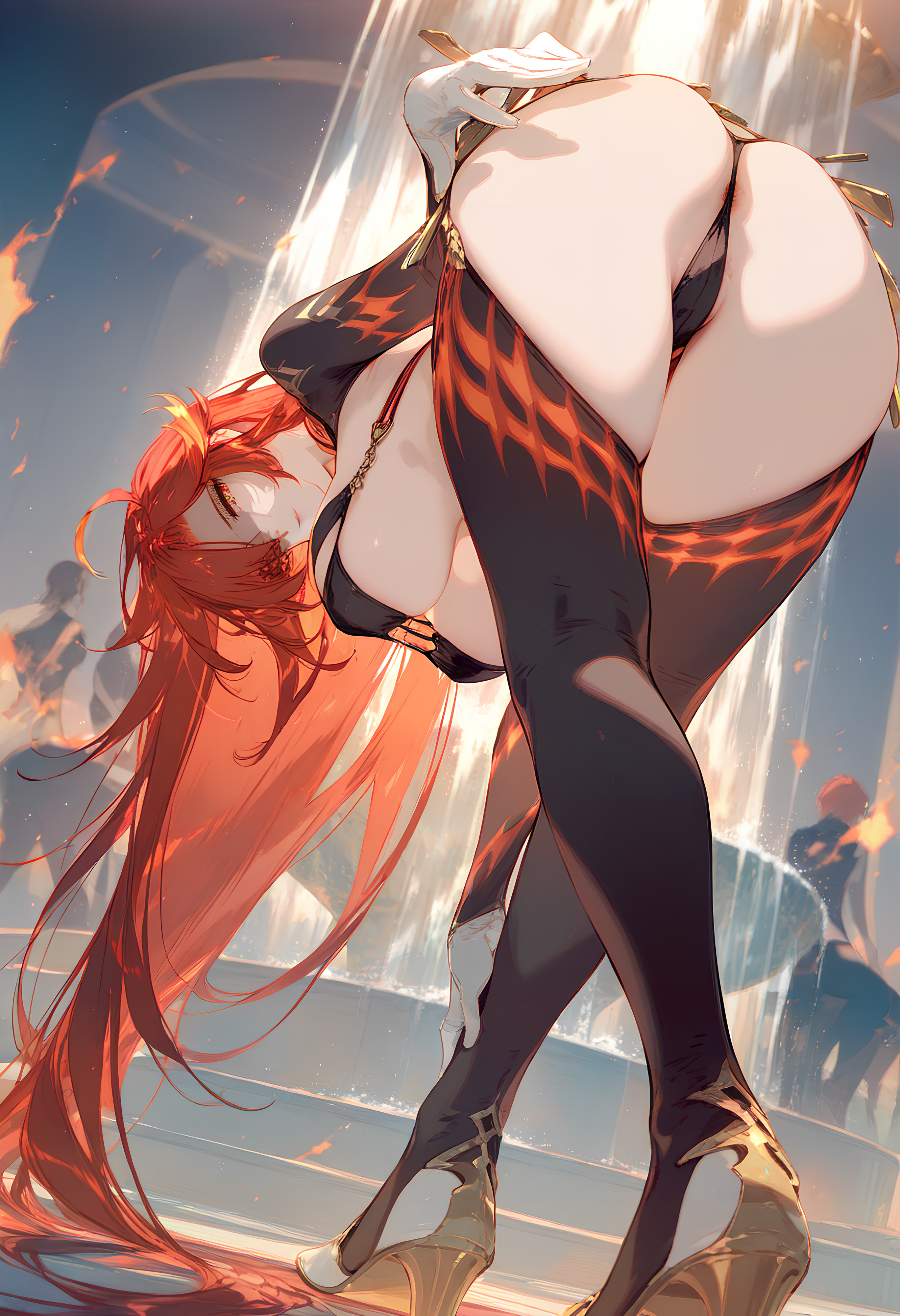 ai generated, ass, ass grab, ass up, big ass, doggy style, female, female only, genshin impact, long hair, looking at viewer, mavuika (genshin impact), nude, nude female, red hair, solo, solo female, thick thighs, thighhighs, thighs, white body, white skin