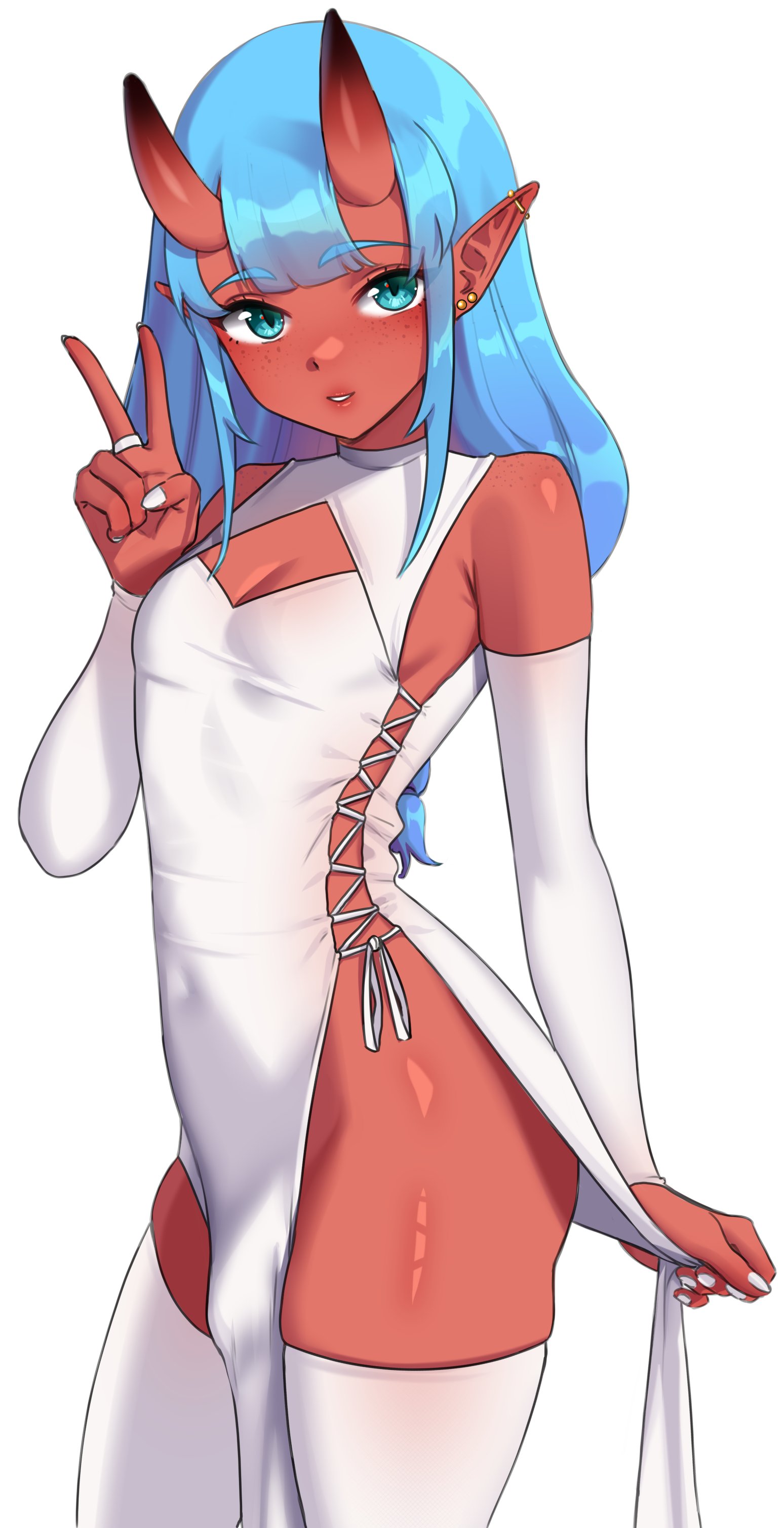 1futa, aqua eyes, arm sleeves, blue hair, bulge, clothed, clothing, djwhiteboooty, dress, ear piercing, elbow gloves, flaccid, flat chest, freckles, fully clothed, futa only, futanari, gloves, humanoid, intersex, long hair, oni, oni horns, pelvic curtain, penis, pointy ears, red skin, slit pupils, solo, standing, sui (suikisses), thick thighs, thighhighs, v sign, very high resolution, white armwear, white background, white dress, white thighhighs, wide hips