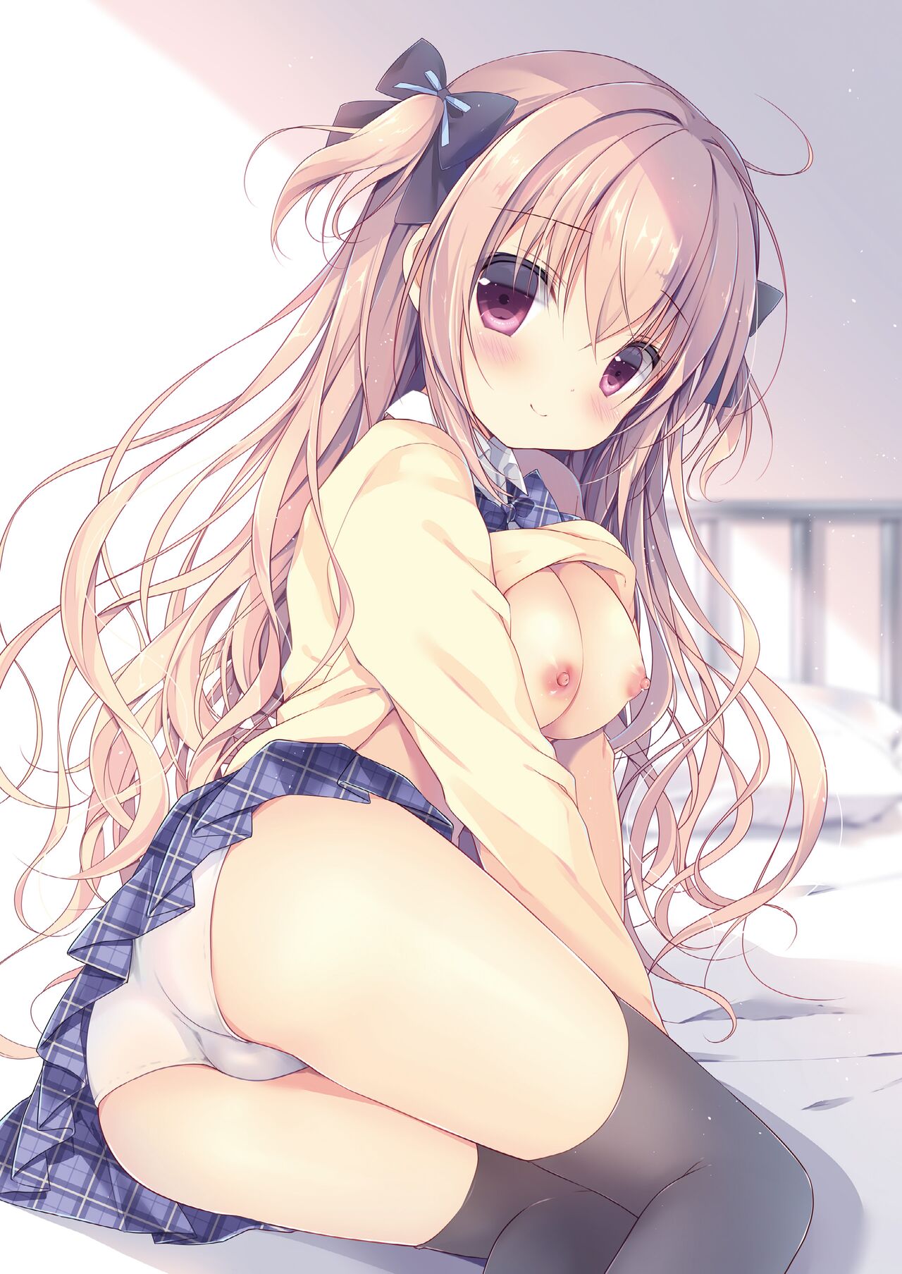 ass bed big_breasts black_thighhighs blonde_hair blush breasts breasts_out doujin_cover doujinshi little_sister long_hair miyasaka_miyu mouth_closed nipples original panties purple_eyes ribbons rina_(canvas+garden) school_uniform shirt_up sitting skirt smile thighhighs thighs white_panties