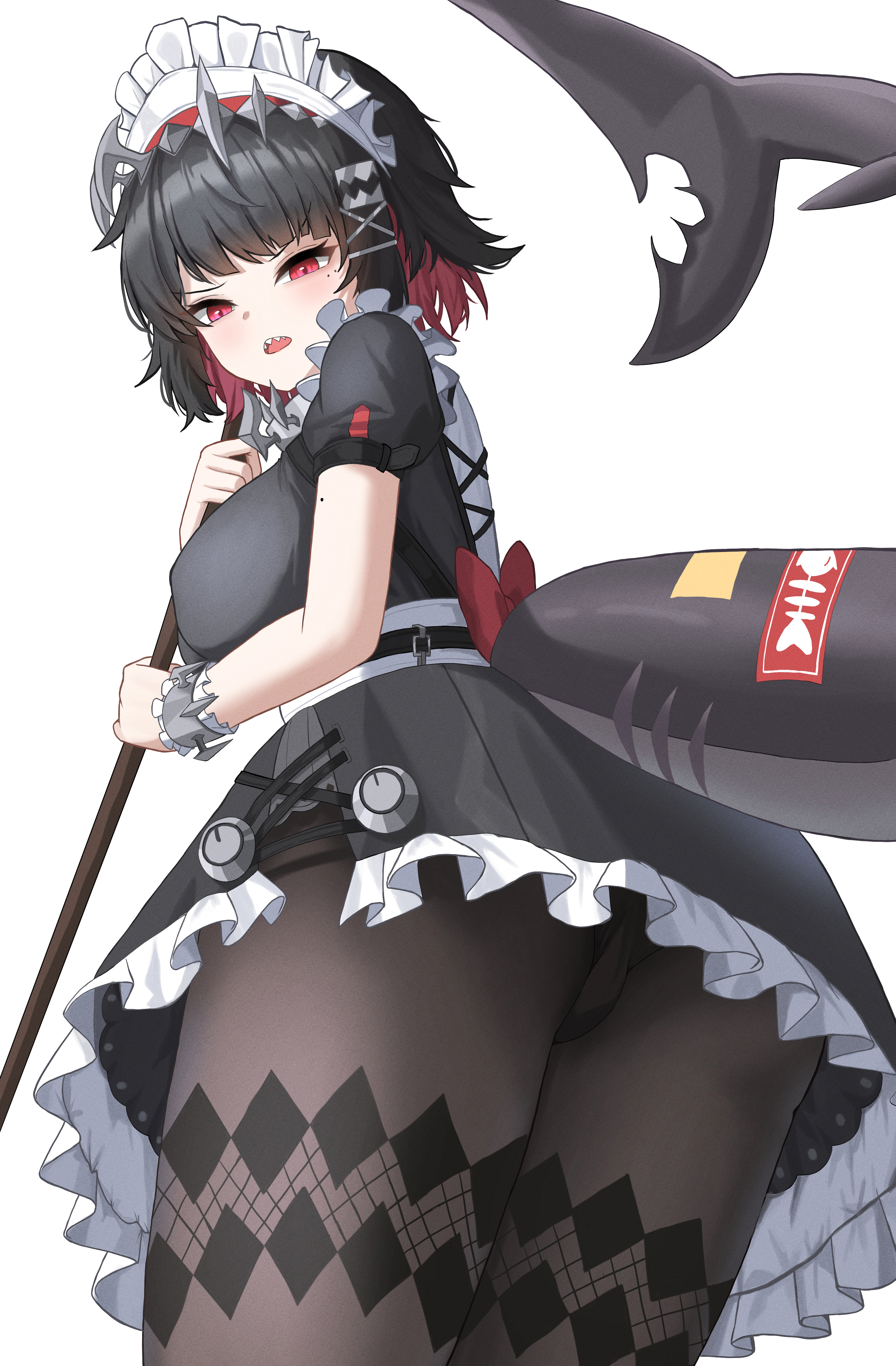 1girls, absurdres, ass, black dress, black hair, breasts, colored inner hair, dress, ellen joe, fahufahu, female, fins, fish tail, highres, looking at viewer, looking down, maid, maid headdress, mole, mole under eye, multicolored hair, pantyhose, puffy short sleeves, puffy sleeves, red eyes, red hair, shark tail, short hair, short sleeves, solo, tail, victoria housekeeping, white background, zenless zone zero