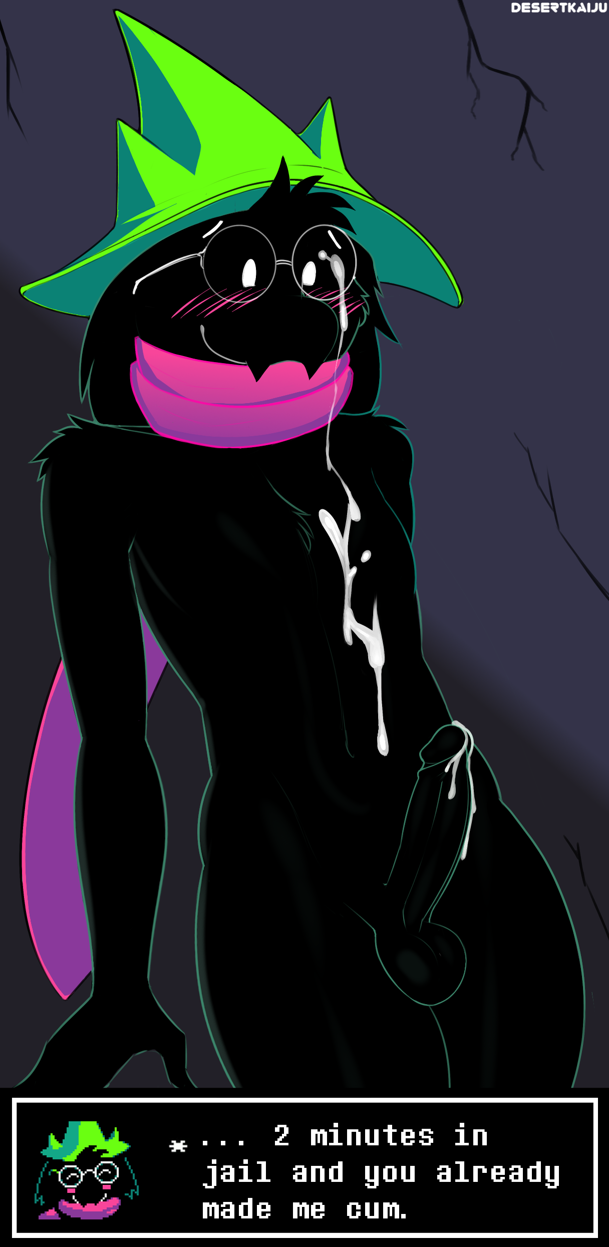 1boy, 2018, 2d, after sex, anthro, anthro male, anthro only, balls, black fur, black hair, blush, caprine, clothing, cum, cum on self, deltarune, desertkaiju, digital painting (artwork), erection, eyewear, fur, furry, furry male, furry only, girly, glasses, goat, hair, hat, humanoid, humanoid male, humanoid only, humanoid penis, male, male only, mammal, mammal humanoid, nude, penis, ralsei, ralsei with black fur, scarf, smile, solo, undertale (series), video games, witch hat