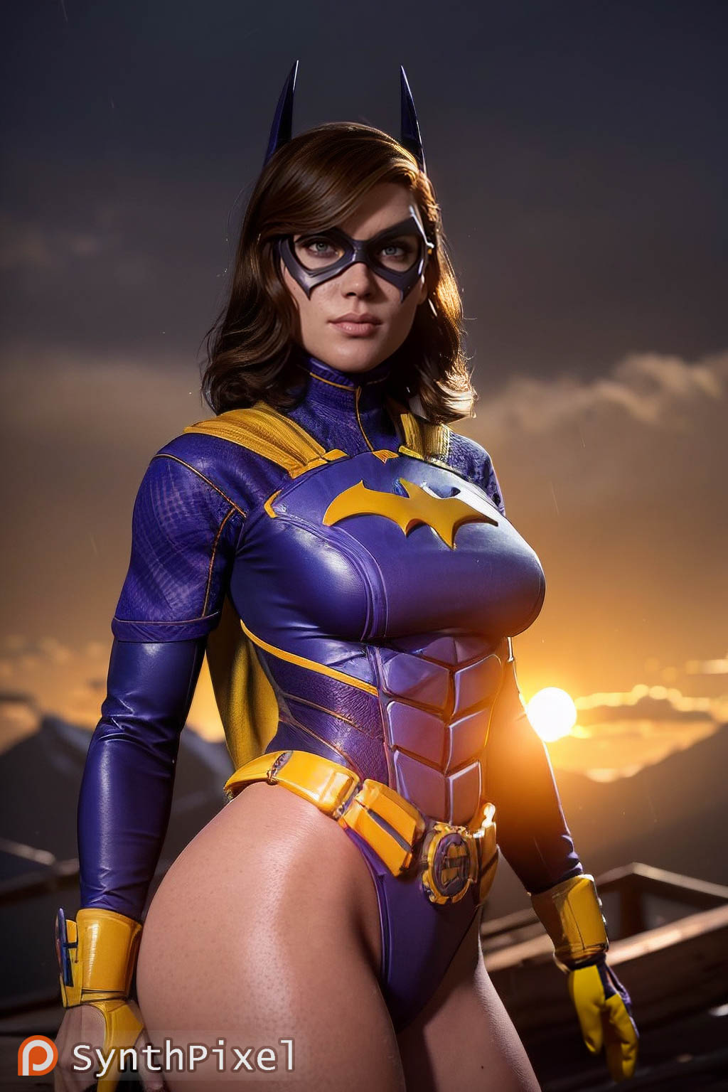 1girls ai_generated barbara_gordon batgirl batgirl_(gotham_knights) batman_(series) breasts brown_eyes brown_hair dc dc_comics detailed gloves gotham_knights hi_res highres leotard mask solo superheroine synthpixel