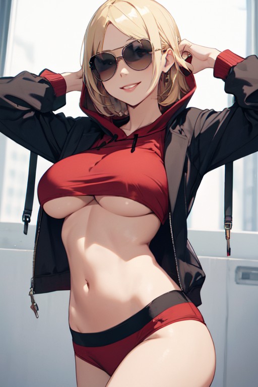 1girls ai_generated blonde_hair crop_top flanofart hoodie sunglasses tagme tinted_eyewear