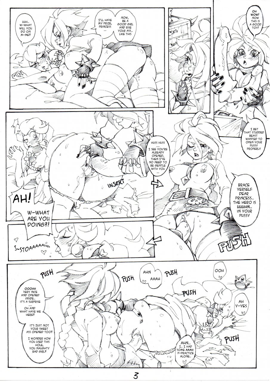 2girls black_and_white comic comic_page crossover dialogue dildo double_sided_dildo dress giana giana_sisters lesbian_sex manga_style mario_(series) miniskirt moaning nintendo page_3 panties_aside panties_down princess_peach punk_giana questionable_consent speech_bubble spread_anus tagme twistedterra upskirt yuri