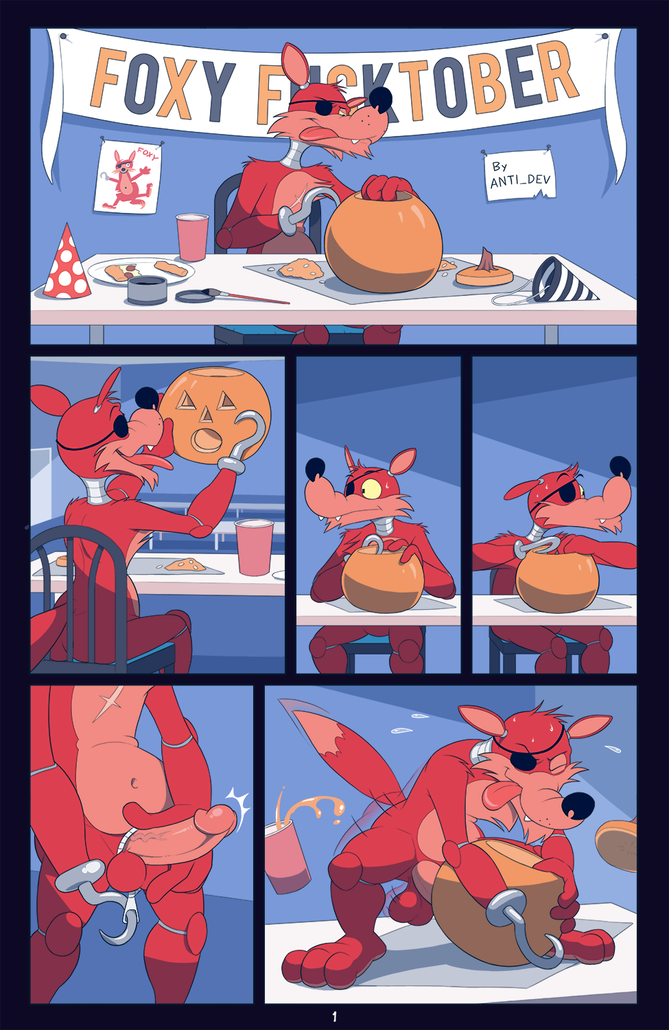 anthro anti_dev balls canine comic comic_page erection five_nights_at_freddy's fox foxy_(fnaf) foxy_fucktober fucking_pumpkin male male_only mammal nude penis pumpkin tagme