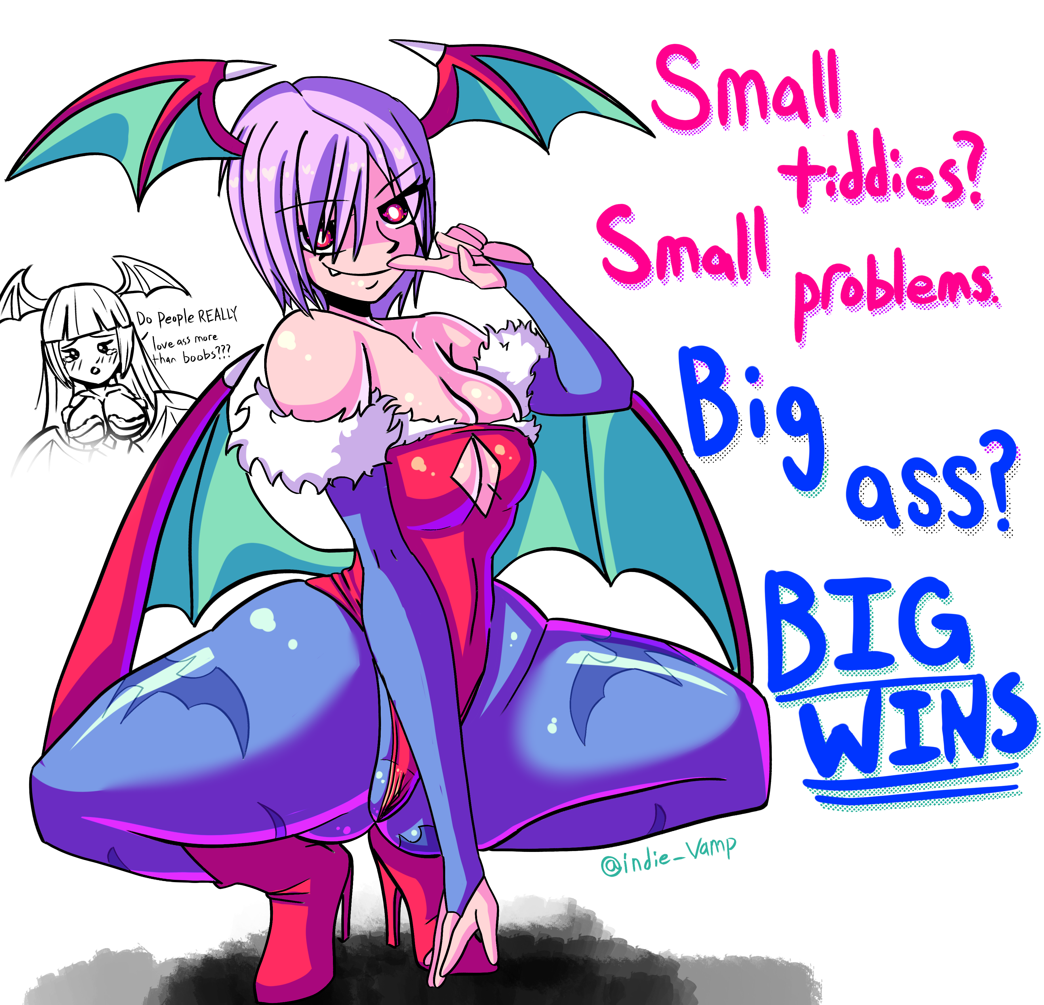age difference, ass, big ass, color, darkstalkers, demon, demon girl, female, flat chest, flat chested, head wings, indievamp, lilith aensland, morrigan aensland, succubi, succubus, succubus wings, vampire, vampire girl, wings