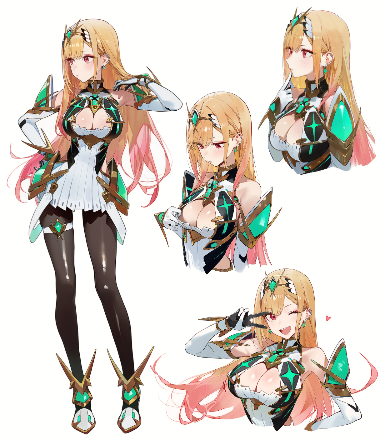 ai generated, armor, bangs, bare shoulders, blonde hair, blush, breasts, cleavage, cleavage cutout, dress, drowsy sheep, earrings, elbow gloves, female, gloves, headpiece, jewelry, kitagawa marin, large breasts, long hair, looking at viewer, mythra (cosplay), mythra (xenoblade), one eye closed, pantyhose, red eyes, short dress, simple background, smile, sono bisque doll wa koi wo suru, swept bangs, thigh strap, tiara, white background, white dress, xenoblade (series), xenoblade chronicles 2, yellow eyes