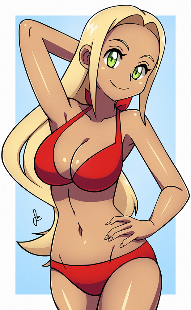 1girls arm_up armpits bare_shoulders belly bikini blonde_hair blue_background breasts cleavage clothed dark-skinned_female dark_skin dmy-gfx eyelashes female female_only green_eyes hand_on_hips human human_only long_hair looking_at_viewer midriff navel nintendo npc_trainer pokemon pokemon_xy red_bikini red_swimsuit scott_bennett smile solo swimmer_(pokemon) swimmer_(pokemon_xy) swimsuit text watermark white_border