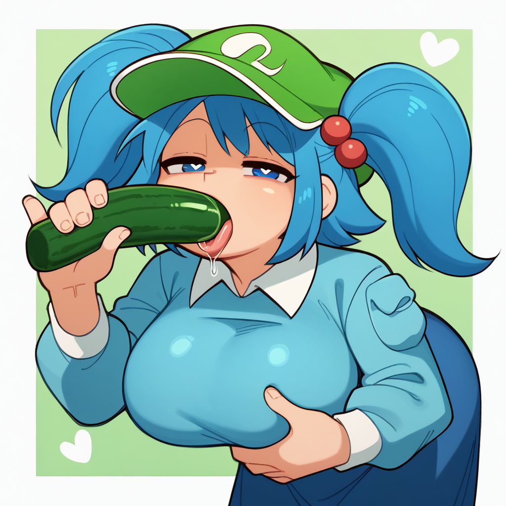 1girls ai_generated big_breasts blue_hair breasts cucumber female hat heart heart-shaped_pupils looking_at_viewer nitori_kawashiro saliva sexually_suggestive simulated_fellatio solo solo_female stable_diffusion sucking tongue touhou twintails