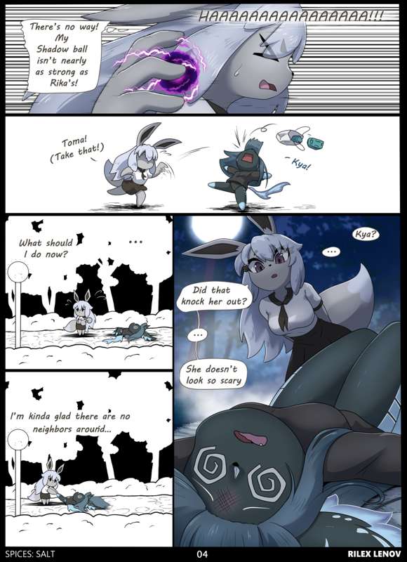 black_fur comic eevee eeveelution english_text furry gray_fur oc pokemon pokemon_(species) rilex_lenov shiny_pokemon skirt spanish_text tie