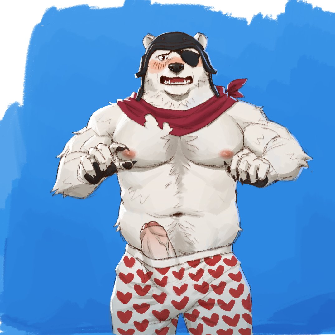 2024 anthro bear belly blush clothing epic_games eye_patch eyewear fortnite genitals hat headgear headwear heart_clothing heart_symbol heart_underwear humanoid_genitalia humanoid_penis kerchief looking_at_viewer male mammal muscular muscular_anthro muscular_male penis poking_out polar_bear polar_patroller slightly_chubby slightly_chubby_anthro slightly_chubby_male solo standing underwear ursine yeshh