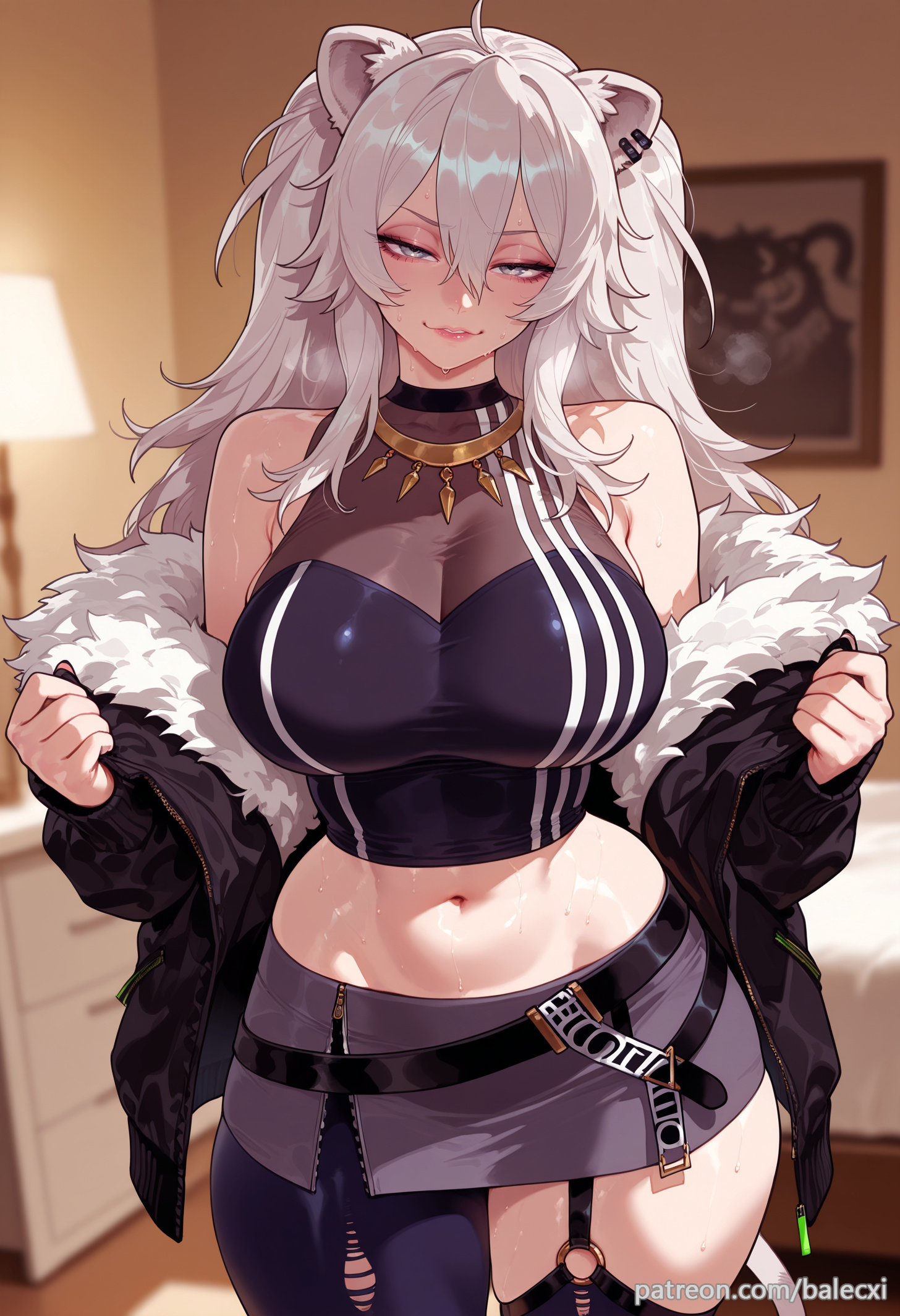 ahoge, ai generated, animal ears, balecxi, bare shoulders, black jacket, breasts, cleavage, crop top, ear piercing, female, fur trim, fur-trimmed jacket, grey eyes, grey hair, grey skirt, hair between eyes, hololive, hololive gen 5, hololive japan, indoors, jewelry, large breasts, lion ears, lion girl, lion tail, long hair, looking at viewer, midriff, miniskirt, navel, necklace, o-ring, o-ring thigh strap, off shoulder, see-through, see-through cleavage, shishiro botan, shishiro botan (1st costume), single leg pantyhose, sleeveless shirt, smile, solo, thighs, torn clothes, torn pantyhose, virtual youtuber, vtuber