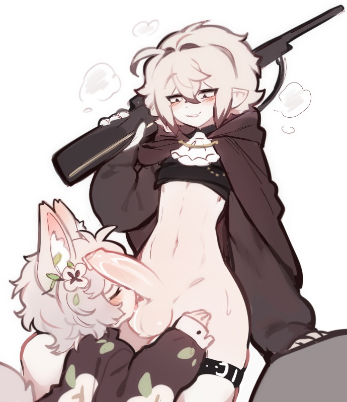 ambiguous_gender anthro ball_lick ball_worship balls blush blush_lines bodily_fluids breath canid canine cloak closed_eyes clothing crop_top dress duo elf fluffy fluffy_hair foreskin fox garter_belt_legwear genital_fluids genitals gun hair hand_on_hip holding_gun holding_object holding_ranged_weapon holding_rifle holding_weapon humanoid_genitalia humanoid_penis humanoid_pointy_ears katsucoffee licking looking_at_another looking_pleasured male male/ambiguous mammal navel oral penis precum ranged_weapon saliva sex shirt sweat sweatdrop tongue topwear weapon wide_hips