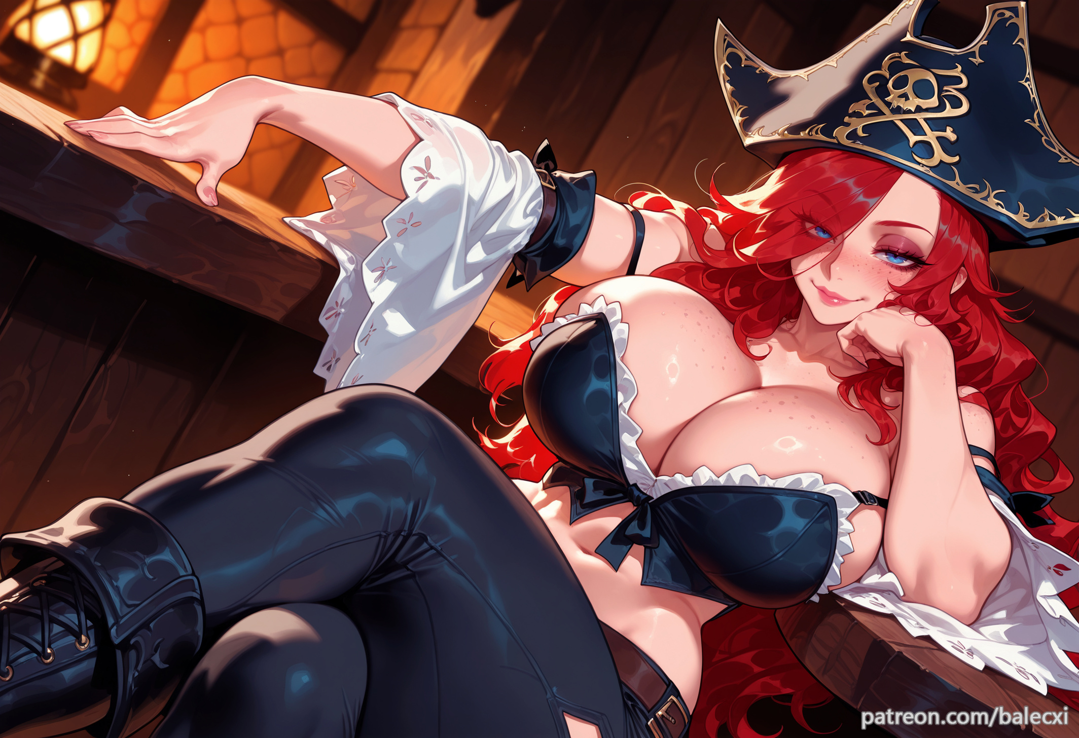 ai generated, balecxi, bare shoulders, black headwear, blue eyes, blush, body freckles, boots, cleavage, crossed legs, detached sleeves, dutch angle, female, huge breasts, league of legends, long hair, looking at viewer, midriff, miss fortune, navel, pants, patreon username, pirate hat, red hair, sitting, smile, solo