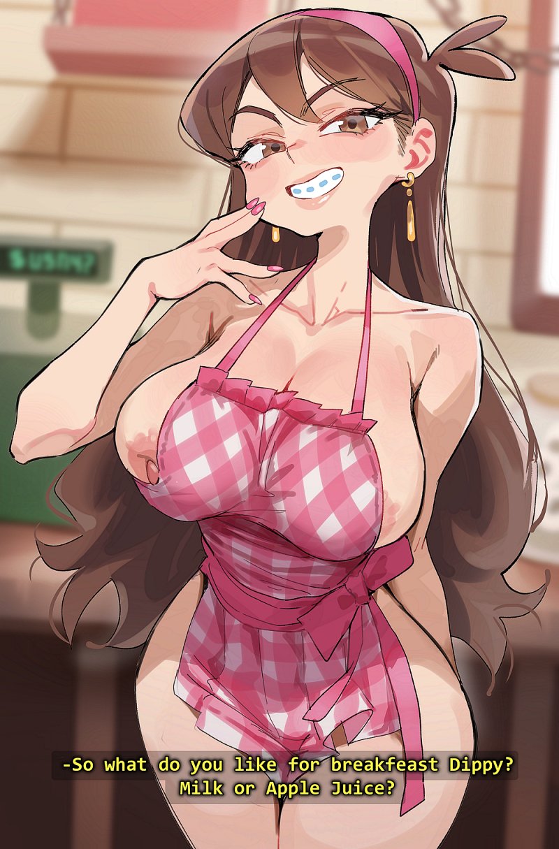 1girls, apron, apron only, big breasts, braces, breasts, brown eyes, brown hair, celyn404, curvaceous, curvy, english text, female only, gravity falls, headband, huge breasts, implied incest, implied lactation, implied urine, large breasts, large tits, light-skinned female, long hair, mabel pines, nipple slip, nipples, talking to partner, text, usayceln, very long hair, wide hips