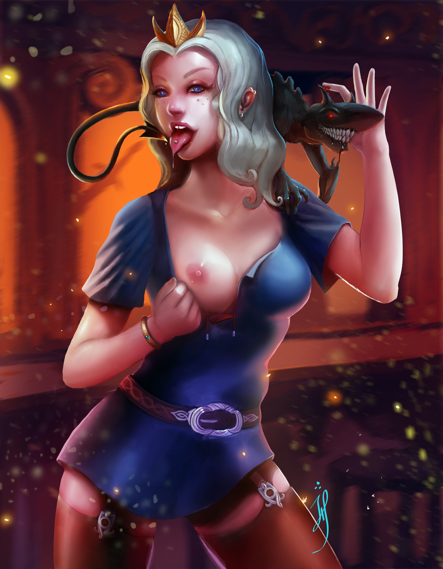 boots, bracelet, breasts, buckteeth, casual, clothing, disenchantment, female, flashing, footwear, freckles, garter straps, glowing eyes, human, julienhainaultrn, luci (disenchantment), one breast out, pale skin, princess tiabeanie, public, skullsnail, tongue, tongue out, tongue piercing, tunic, white hair
