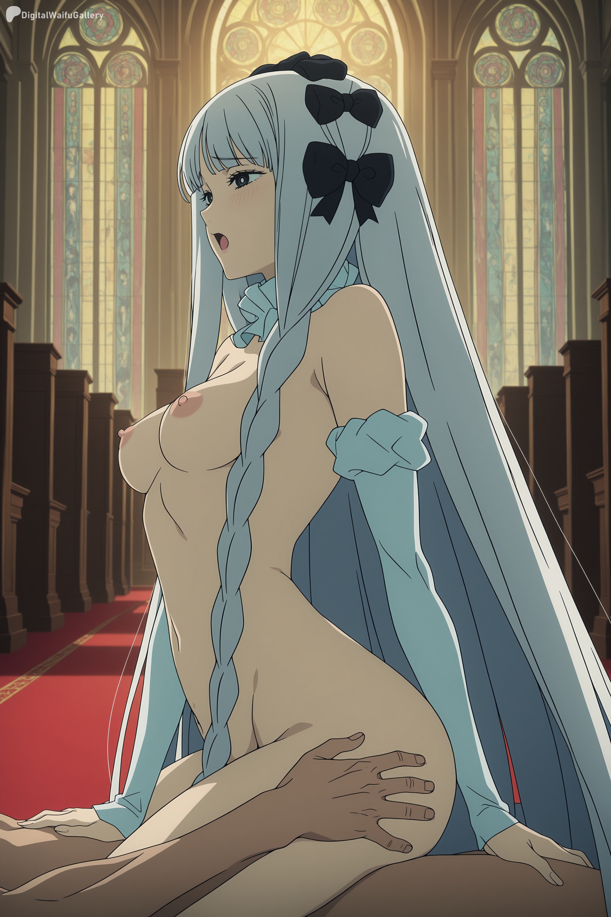 1boy, ai generated, bookshelf, braid, breasts, cowgirl position, digitalwaifugallery, fate (series), female, francesca prelati (fate), hi res, high quality, high resolution, library, long hair, navel, nipples, nude, open mouth, patreon, seductive, sex, sexy, silver hair, solo focus, straddling, straight, uncensored, very long hair, watermark