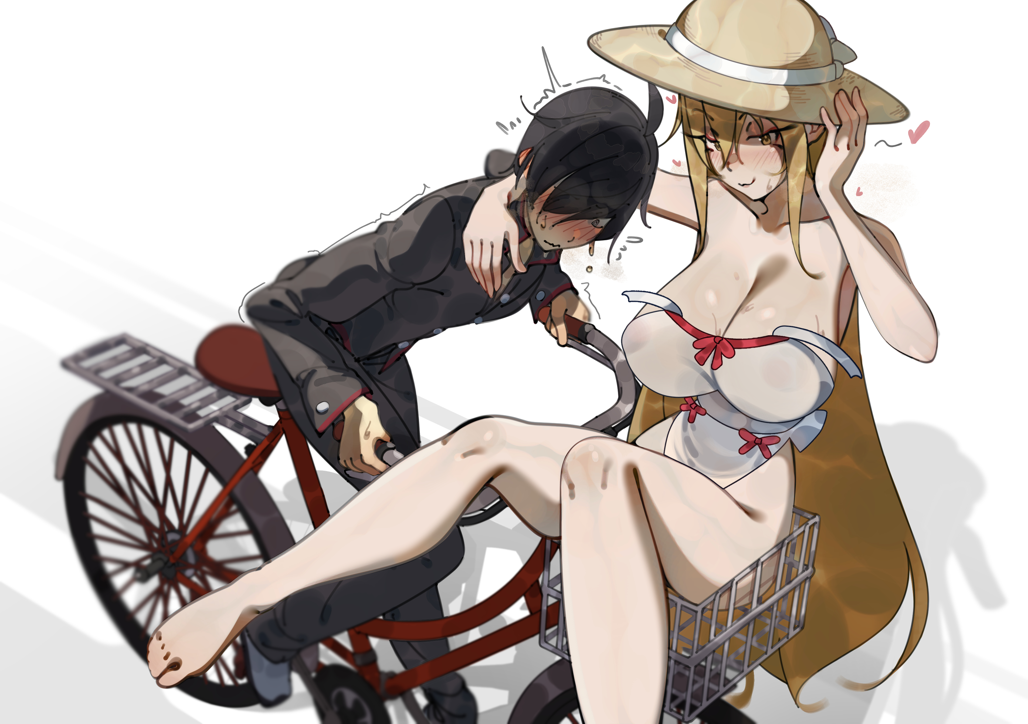 1boy, absurdres, araragi koyomi, bicycle, bicycle basket, black hair, black pants, black shirt, blonde hair, blush, breasts, cosplay, covered erect nipples, deko morii, dress, female, hat, highres, kiss-shot acerola-orion heart-under-blade, large breasts, monogatari (series), naoetsu high school uniform, oshino shinobu, oshino shinobu (cosplay), pants, school uniform, shirt, smile, straw hat, vampire, white background, white dress, yellow eyes