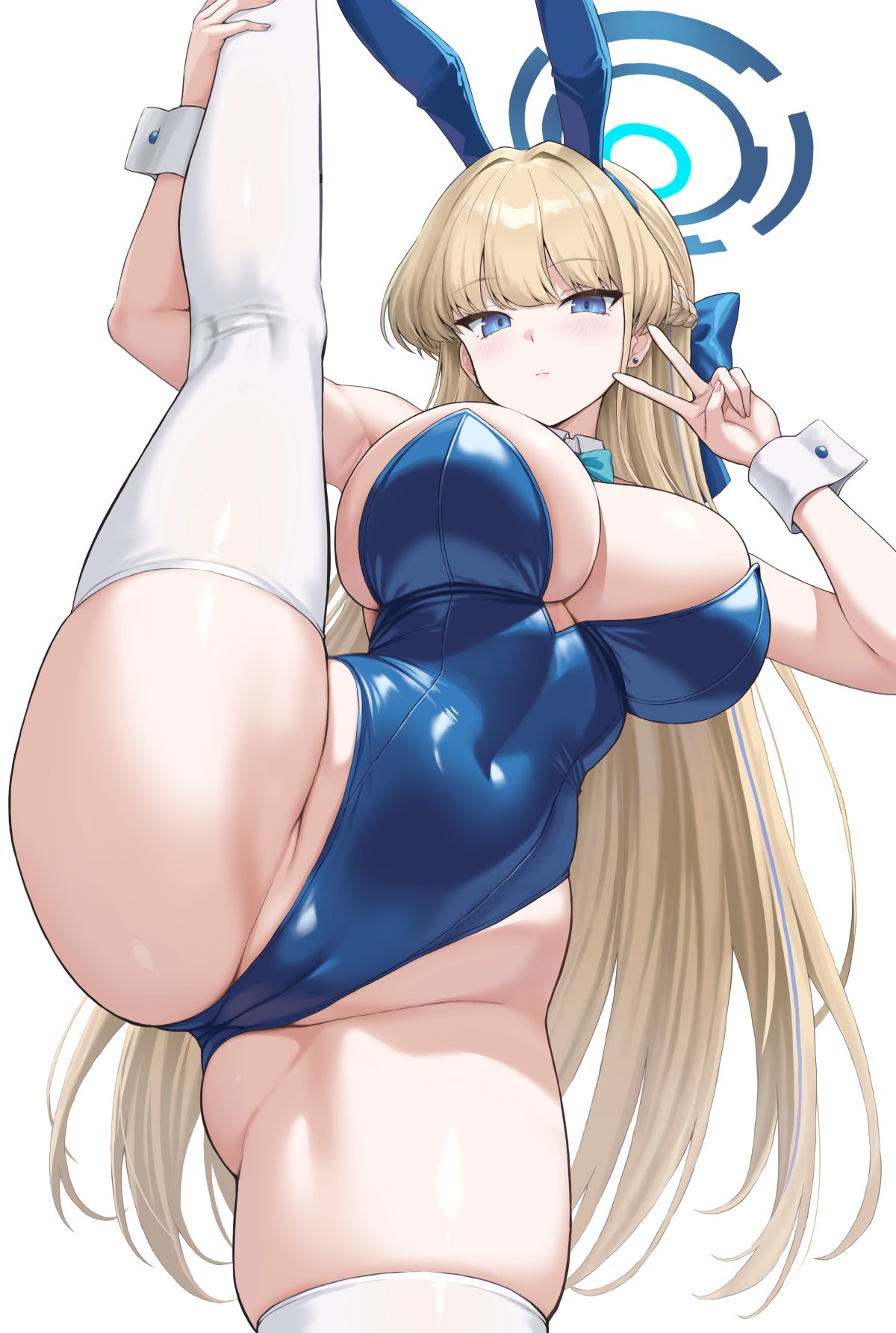 1girls, ass visible through thighs, blue archive, blush, cameltoe, cleavage, curvy, expressionless, female, female only, huge ass, huge breasts, revealing clothes, sama samasa, shiny clothes, skindentation, thick thighs, thighhighs, tight clothing, toki (blue archive), toki (bunny) (blue archive), v, voluptuous, wide hips