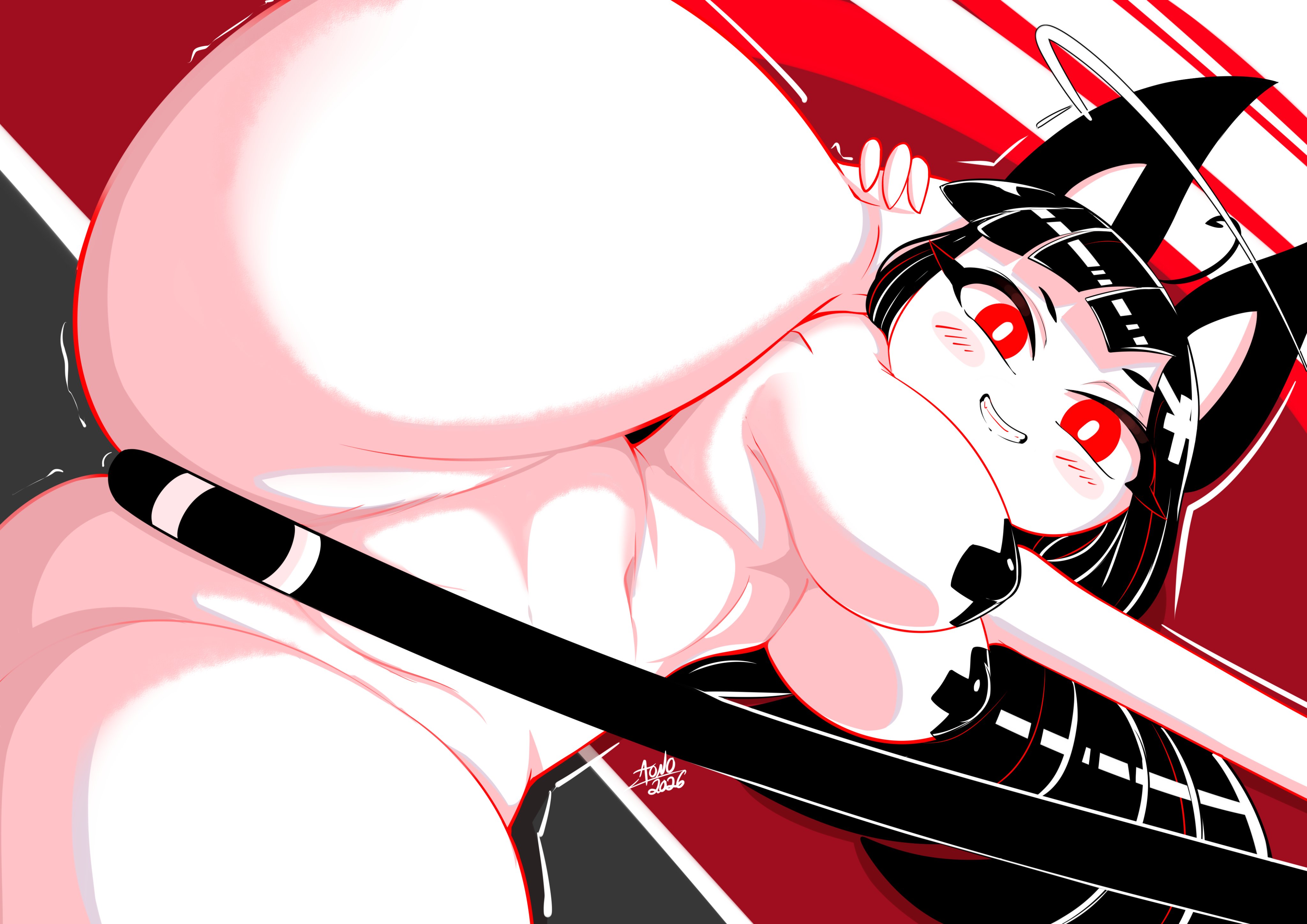 andaerz, aonoexorcist100, bangs, black hair, breasts, cat ears, cat tail, catgirl, censored, legs spread, pasties, pussy, red eyes, smug, smug face, tail grab