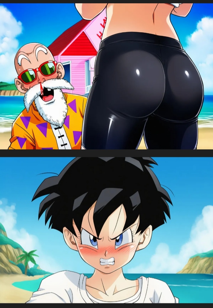 angry face, argen123, ass, ass bigger than head, ass focus, big ass, big butt, black hair, butt focus, cheating, cheating female, cheating girlfriend, color, dragon ball z, massive ass, master roshi, older male, older male and younger female, pervert male, short hair, taboo, videl, videl (dragon ball z), videl (majin buu saga), videl (short hair), yoga pants