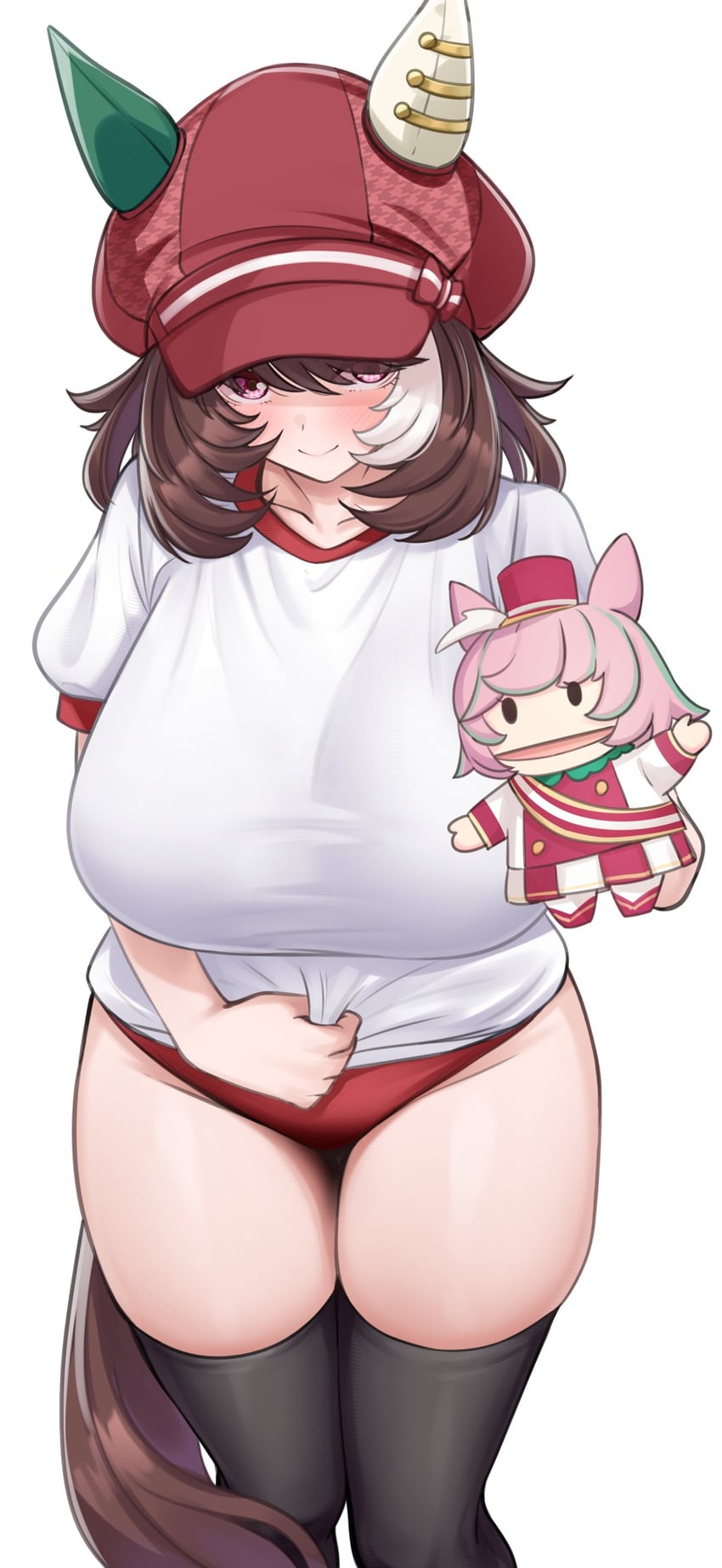 big breasts, brown hair, brown tail, hat, horse ears, horse girl, horse tail, huge breasts, marche lorraine (umamusume), puppet, red eyes, red hat, sfw, shy, smile, thick, thick legs, thick thighs, umamusume, umamusume pretty derby, white shirt