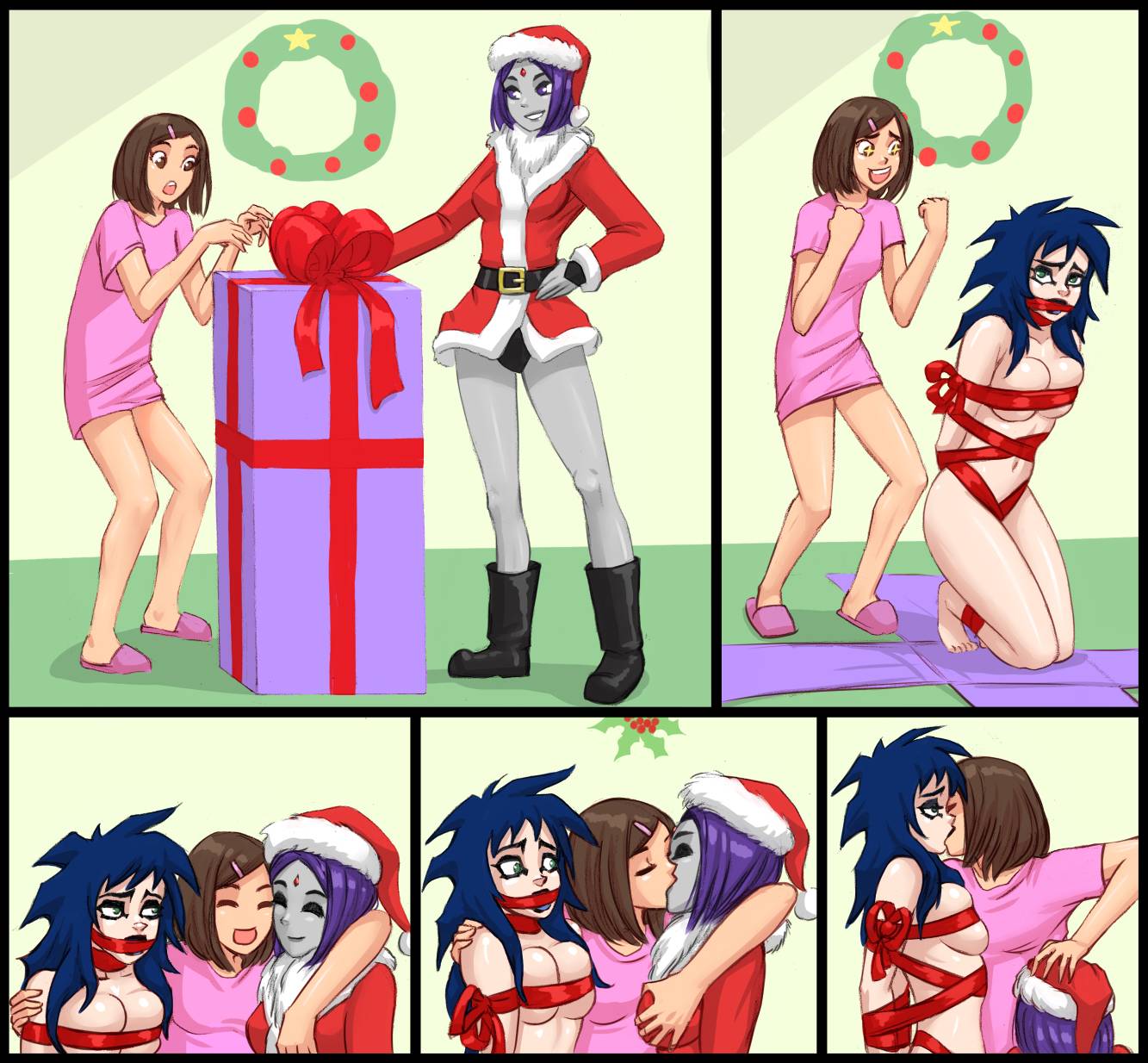3girls, crossover, dc, dc comics, extreme ghostbusters, female, female only, flick, ghostbusters, gift box, goth girl, kylie griffin, mistletoe, multiple females, multiple girls, rachel roth, raven (dc), ribbons, santa hat, smooth skin, teen titans, yuri