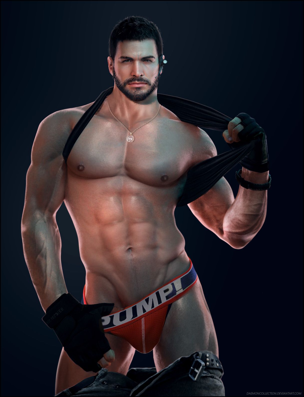 1boy, 3d, capcom, chris redfield, daemoncollection, fingerless gloves, gay, gloves, male, male only, muscular, red underwear, resident evil, shirt pulled behind neck, solo, underwear, video games