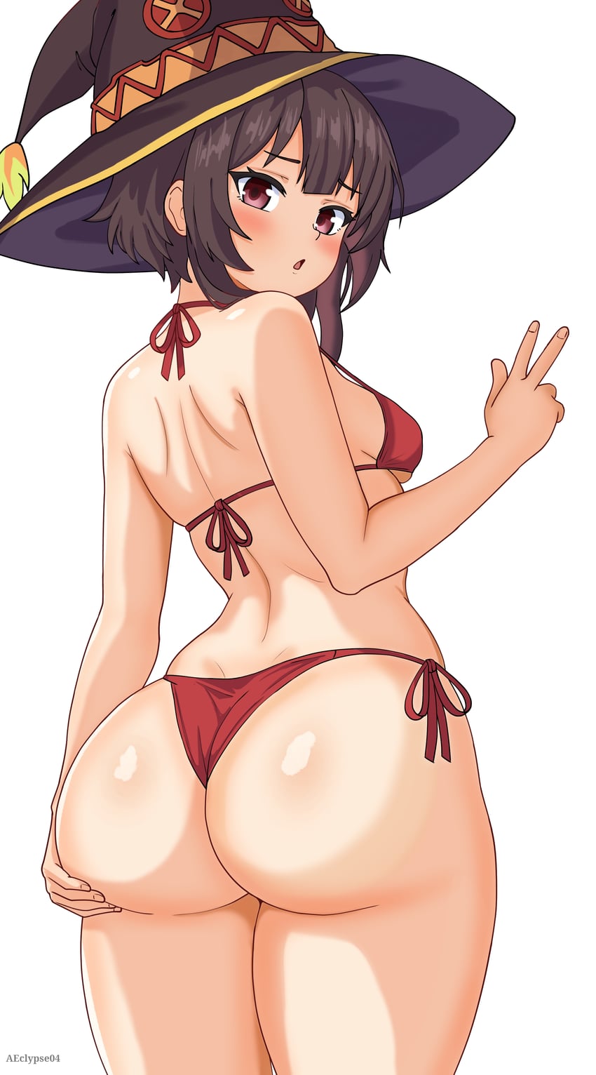 :o, 1girls, absurdres, alt girl, artist name, ass, ass focus, big ass, bikini, blush, boyish, breasts, brown hair, eclypse, female, female only, from behind, gothic, gothic girl, grabbing own ass, hat, highres, huge ass, kono subarashii sekai ni shukufuku wo!, large breasts, light-skinned female, looking at viewer, looking back, megumin, red bikini, red eyes, short hair, simple background, small breasts, solo, solo female, swimsuit, thick thighs, thighs, w, white background, witch hat