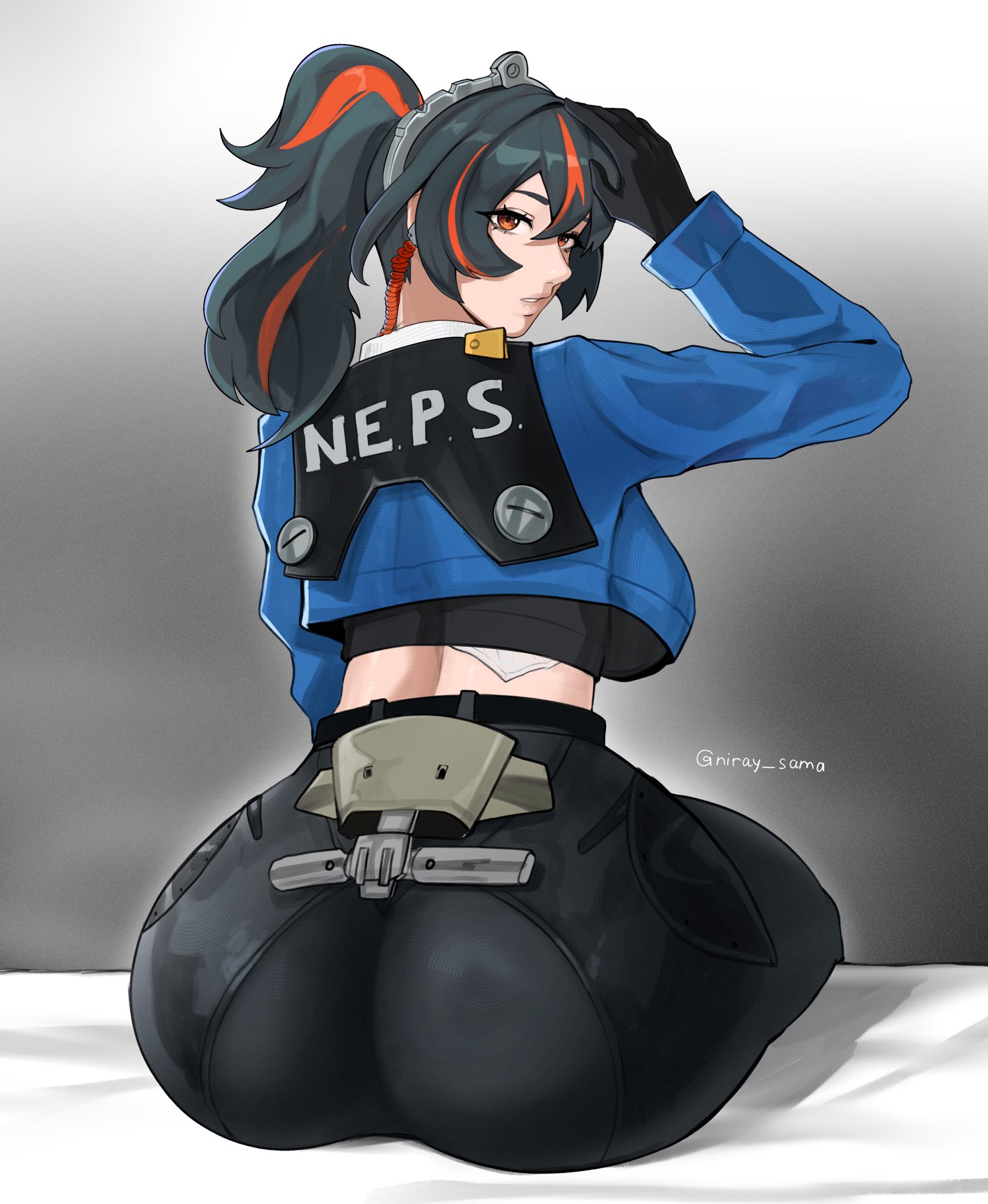 1girls, 2026, 2d, 2d (artwork), artist name, ass, breasts, busty, busty female, clothed, clothed female, female, female focus, female only, human, human only, large ass, large breasts, light skin, light-skinned female, looking at viewer, looking back, midriff, multicolored hair, niray sama, orange eyes, paag, policewoman, ponytail, questionable, sitting, solo, solo female, thick thighs, thighs, wide hips, zenless zone zero, zhu yuan
