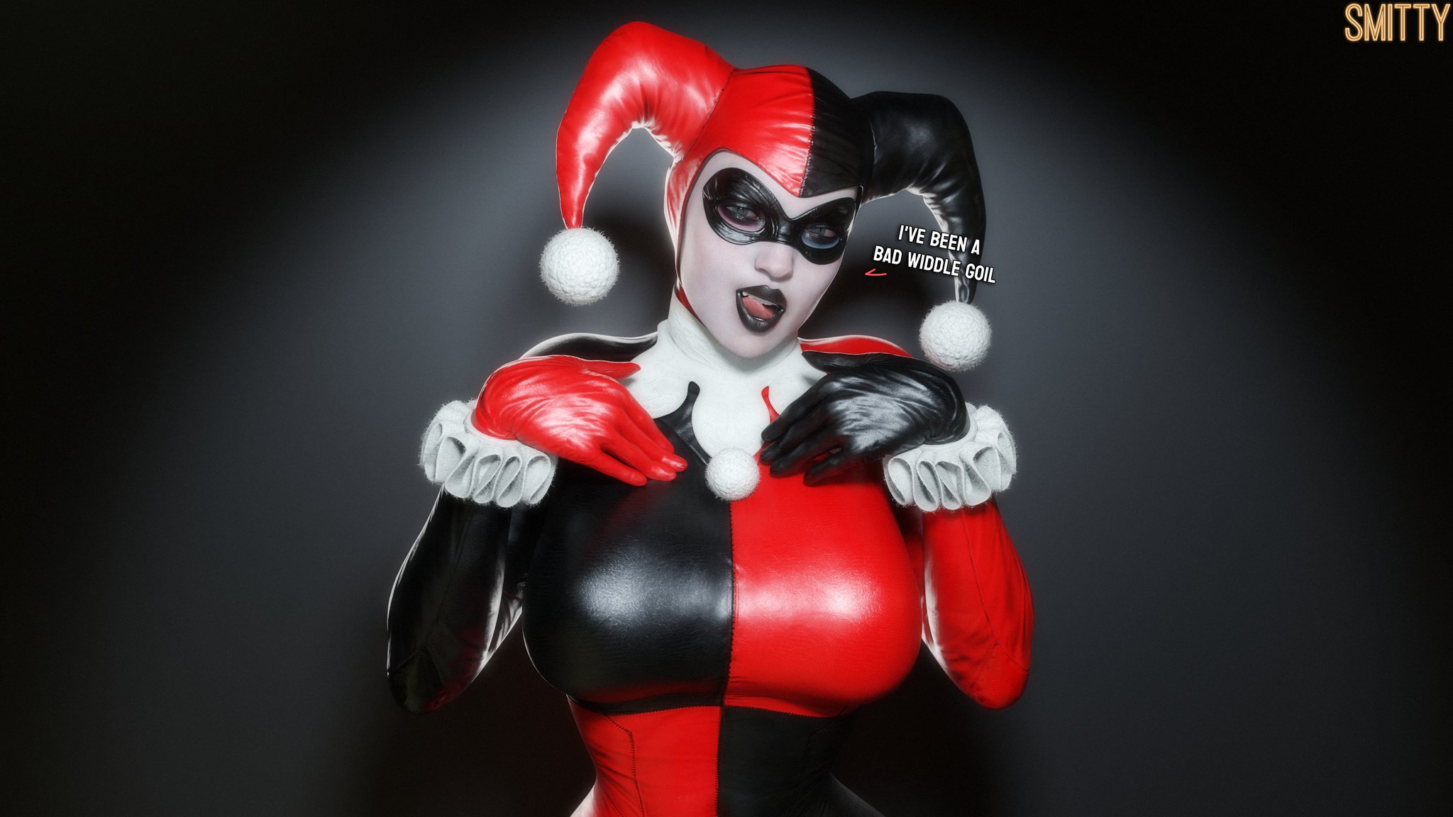1girls, 3d, batman (series), big ass, big breasts, breasts, clown, clown girl, curvaceous, curvy, curvy figure, dc, dc comics, female, female only, harleen quinzel, harley quinn, harley quinn (classic), harley quinn (injustice), hips, hourglass figure, huge ass, huge breasts, injustice 2, jester, jester cap, jester costume, jester girl, jester hat, jester outfit, large ass, large breasts, legs, light skin, light-skinned female, mature, mature female, simple background, slim waist, smitty34, solo, solo female, thick, thick hips, thick legs, thick thighs, thighs, voluptuous, waist, wide hips