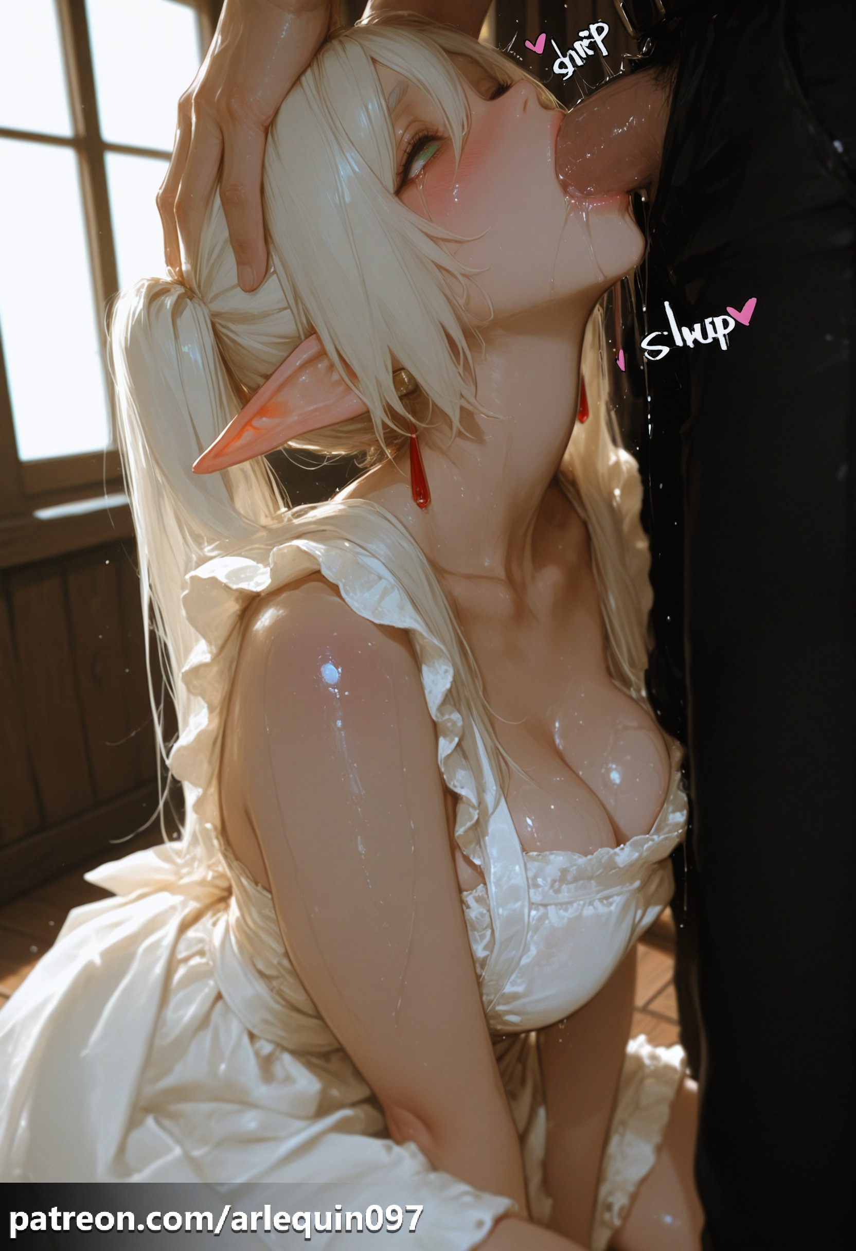 1boy, ai generated, arlequin097, blush, breasts, cleavage, collarbone, cum, cum in mouth, deepthroat, dress, earrings, elf, fellatio, female, frieren, frieren beyond journey's end, green eyes, hair between eyes, hand on another's head, head grab, indoors, irrumatio, jewelry, large breasts, long hair, looking up, male pubic hair, oral, patreon username, penis, pointy ears, ponytail, pubic hair, saliva, sleeveless, sleeveless dress, solo focus, straight, sweat, tears, uncensored, white dress, white hair