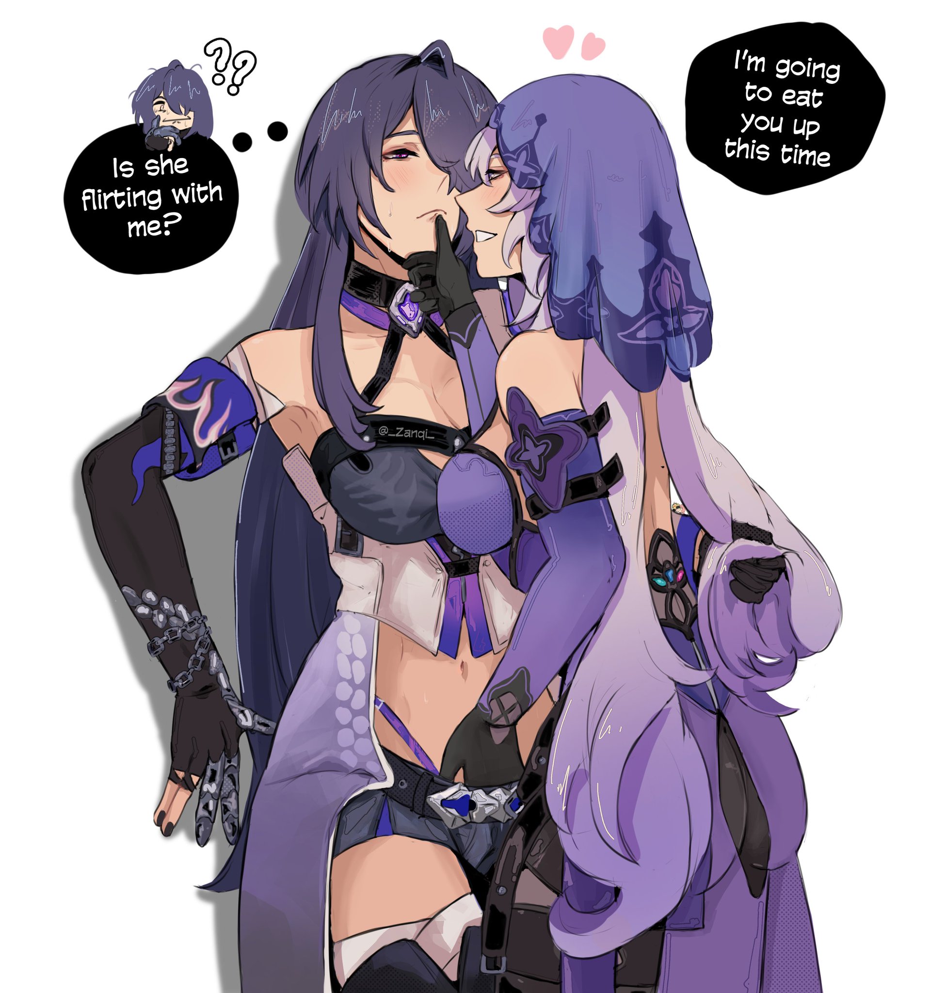 2girls, acheron (honkai: star rail), against wall, black swan (honkai: star rail), clothed, clothing, dialogue, fingering, hand down pants, hand on chin, heart, honkai: star rail, implied fingering, tagme, yuri, zanqi