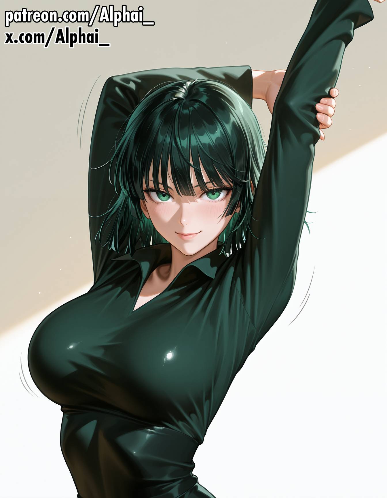 2025, 2026, absurd res, absurdres, ai generated, alphai, arms up, big breasts, black dress, blush, detailed skin, female, female only, fubuki (one punch man), fubuki (one-punch man), hands visible, high quality, high resolution, highres, looking at viewer, motion lines, neutral background, one-punch man, original outfit, portrait, shiny skin, smile, soft lighting, stretching arms, upper body, white background