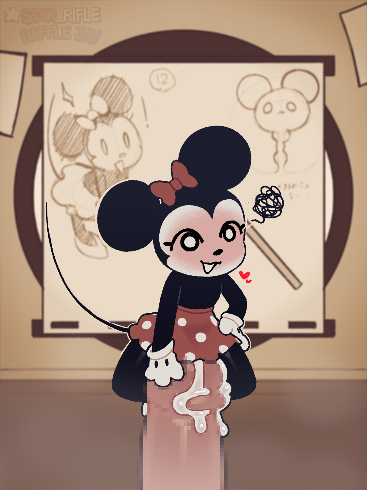 bottomless, bowtie, disney, larger male, looking at viewer, minnie mouse, mouse, red bowtie, riding, riding penis, sitting, sitting on penis, skirt, smaller female, star rifle, tiny female, topless