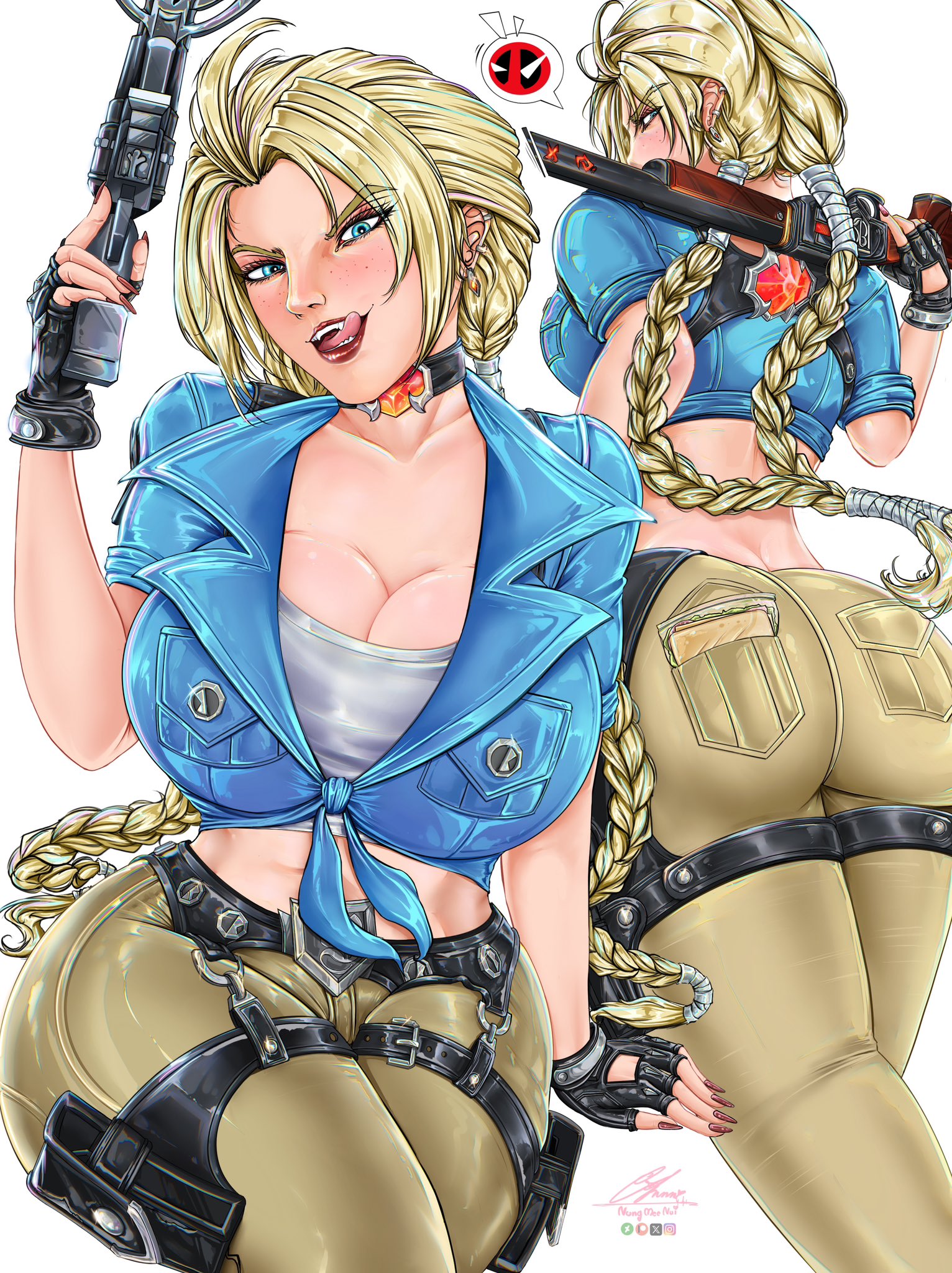 1girls, 2d, ass, big ass, big breasts, blonde hair, breasts, cleavage, elsa bloodstone, elsa bloodstone (marvel rivals), elsa bloodstone (young blood), female, female only, gun, marvel, marvel rivals, nungmeenui, solo, tongue, tongue out