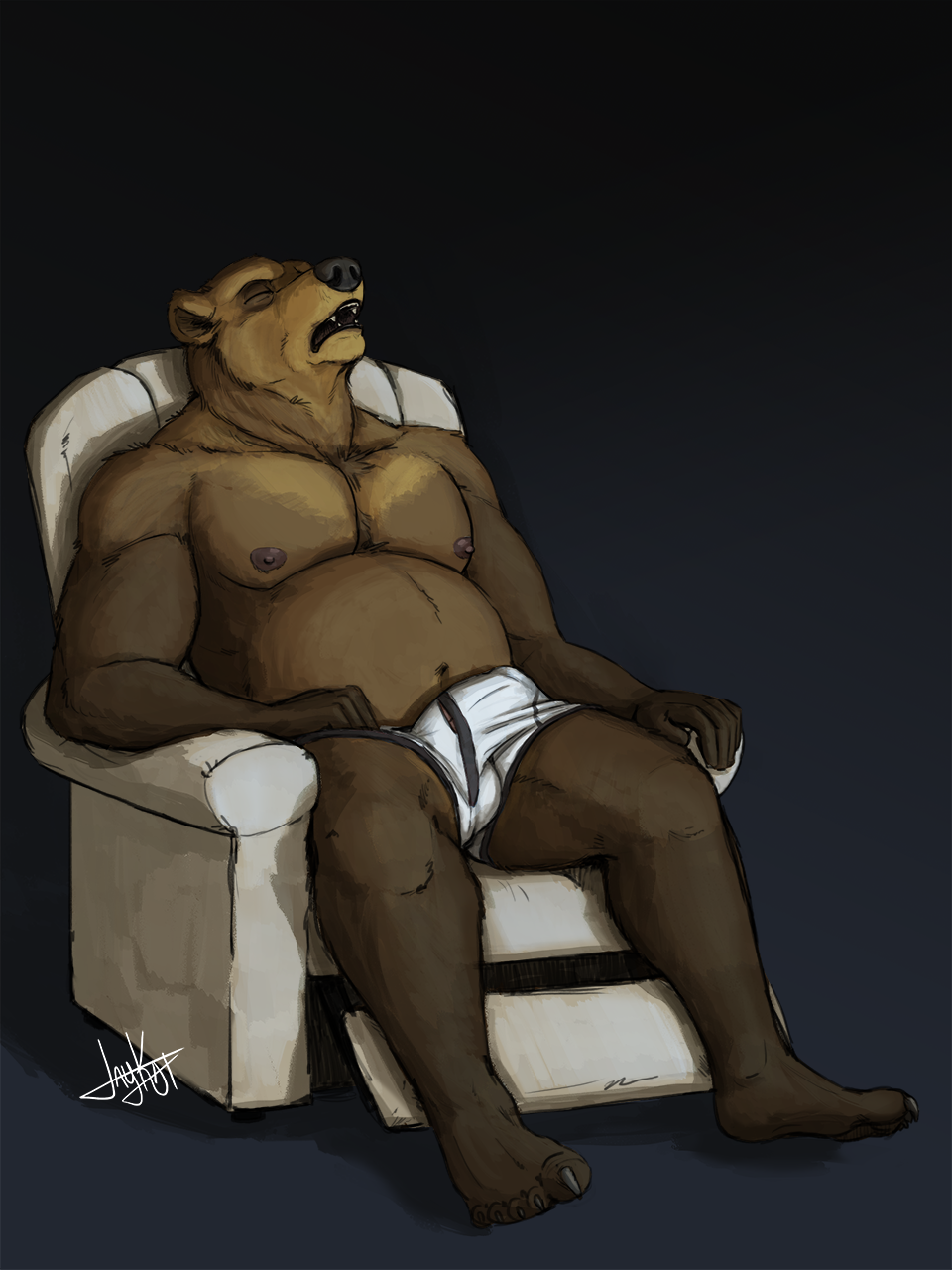 2018 anthro balls bear chair chest_tuft claws closed_eyes clothed clothing erection hi_res inside jaykat male male_only mammal musclegut muscular nipples open_mouth partially_clothed pecs penis simple_background sleeping solo topless tuft underwear