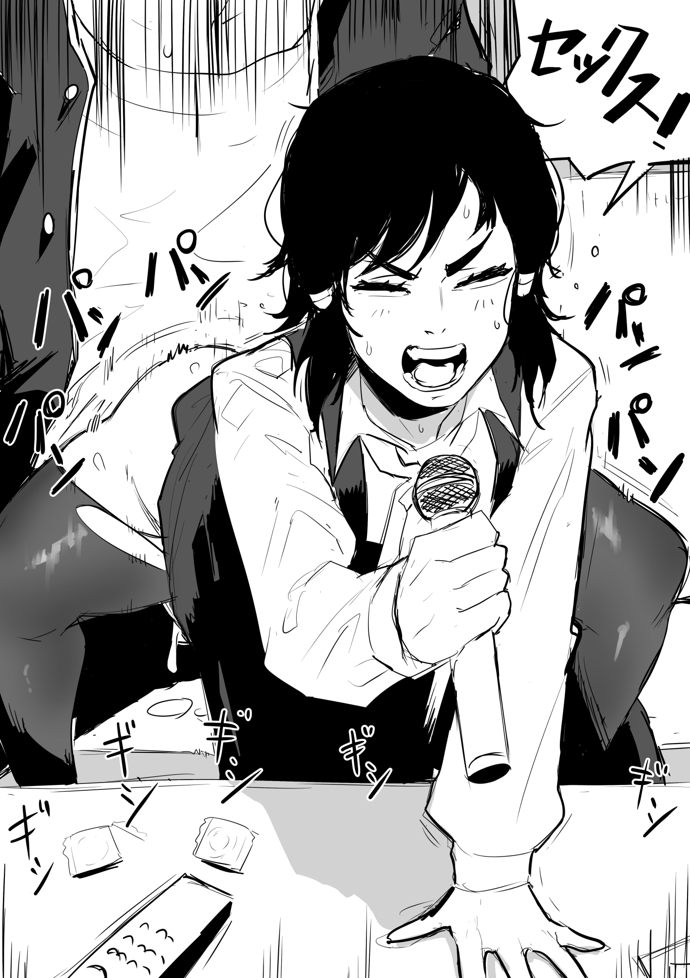1boy, 1girls, black and white, blush, chainsaw man, condom, denji (chainsaw man), japanese text, karaoke, microphone, mifune fumiko, nuezou, semen, sex, singing, uniform