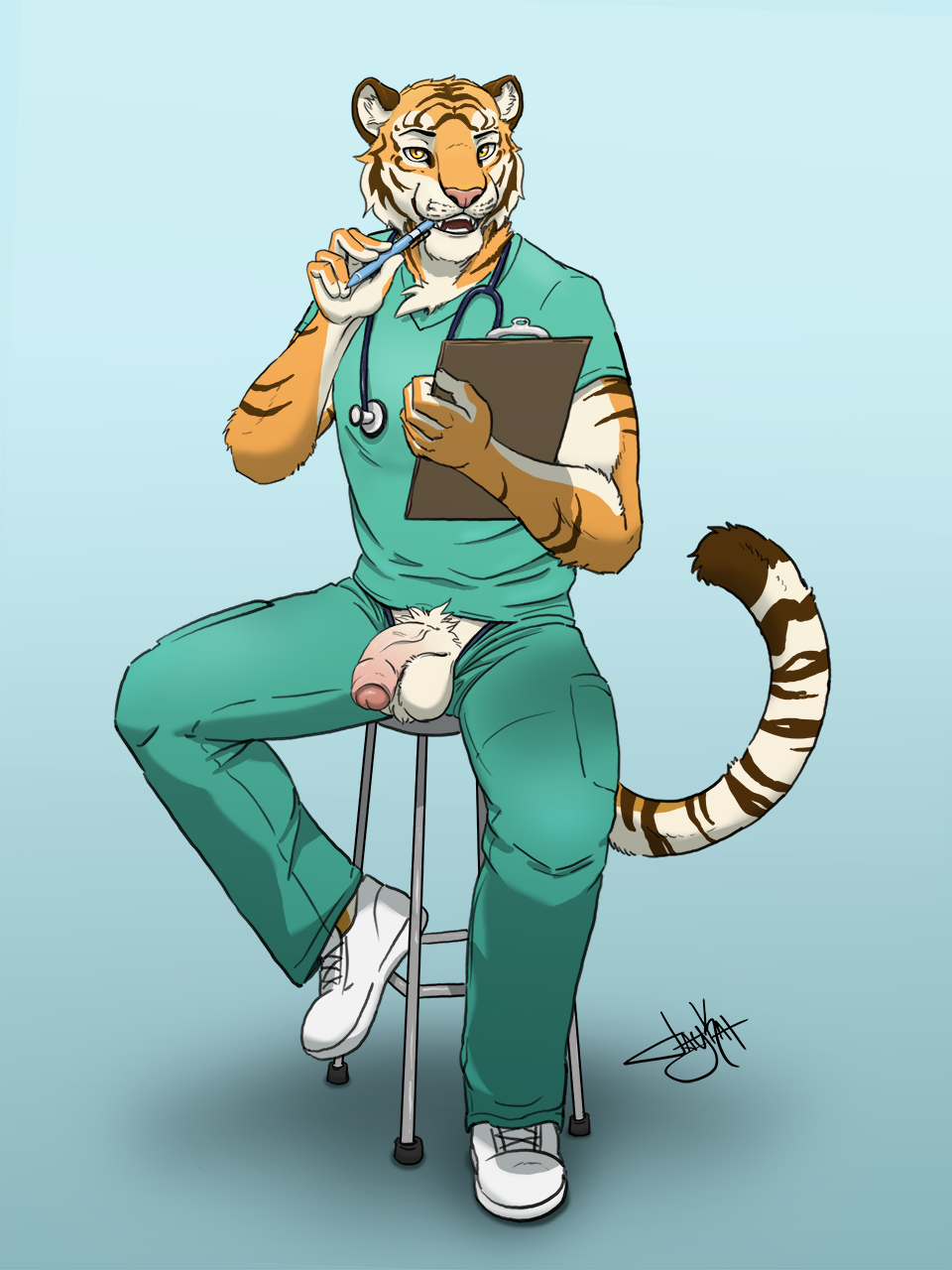 2018 anthro balls chest_tuft clipboard clothed clothing feline flaccid footwear fully_clothed humanoid_penis jaykat looking_at_viewer male male_only mammal medical nurse pants penis poking_out pubes shirt shoes simple_background sitting solo stethoscope tiger tuft uncut uniform unprofessional_behavior