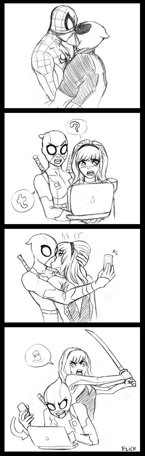 deadpool, female, flick, forced kiss, forced yuri, gwen poole, gwen stacy, gwenpool, kissing, laptop, male, marvel, marvel comics, monochrome, phone, spider-gwen, spider-man, spider-man (series), straight hair, yaoi, yuri