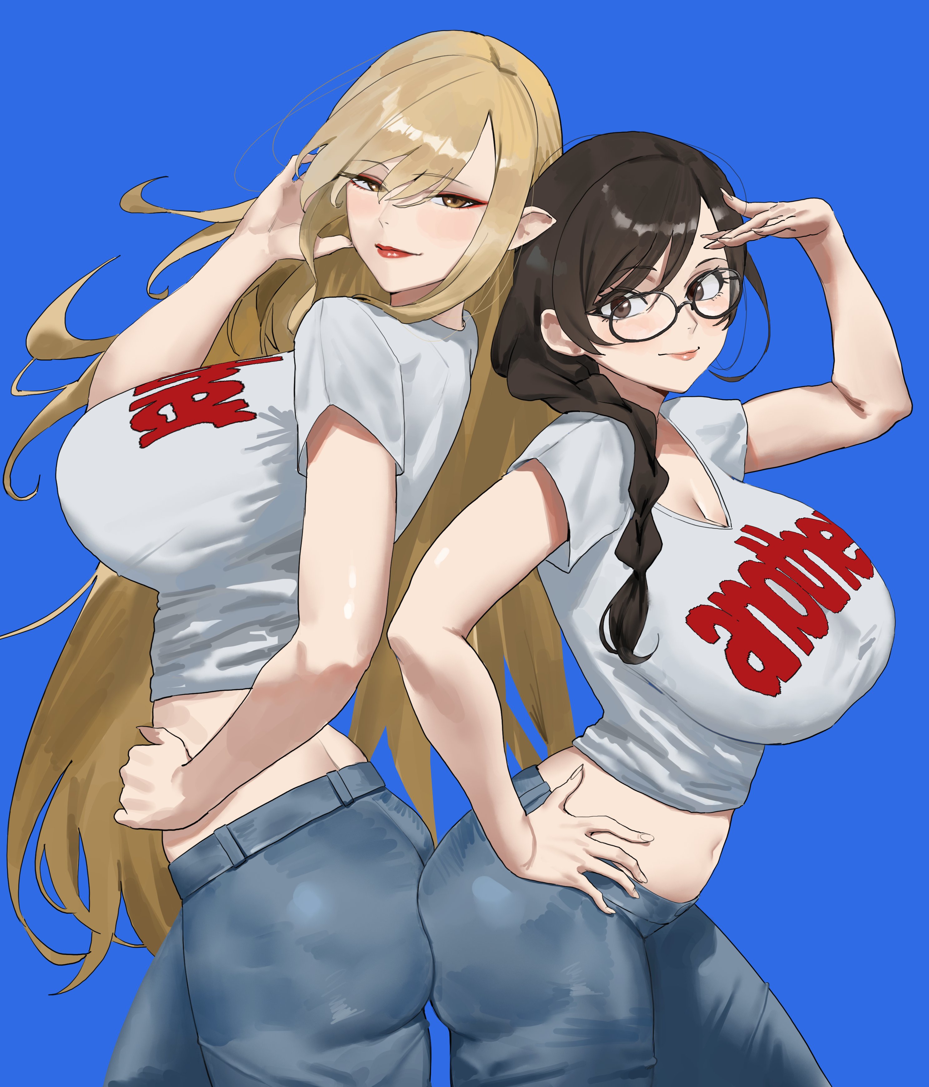 2girls, absurdres, ass, black hair, blonde hair, braid, breasts, brown eyes, cleavage, commentary, curvy, denim, glasses, hair between eyes, hand on own hip, hanekawa tsubasa, highres, huge breasts, jeans, kiss-shot acerola-orion heart-under-blade, lips, long hair, monogatari (series), multiple girls, oshino shinobu, pants, pointy ears, shirt, t-shirt, tabulagami, tight clothes, untranslatable commentary, white shirt, yellow eyes