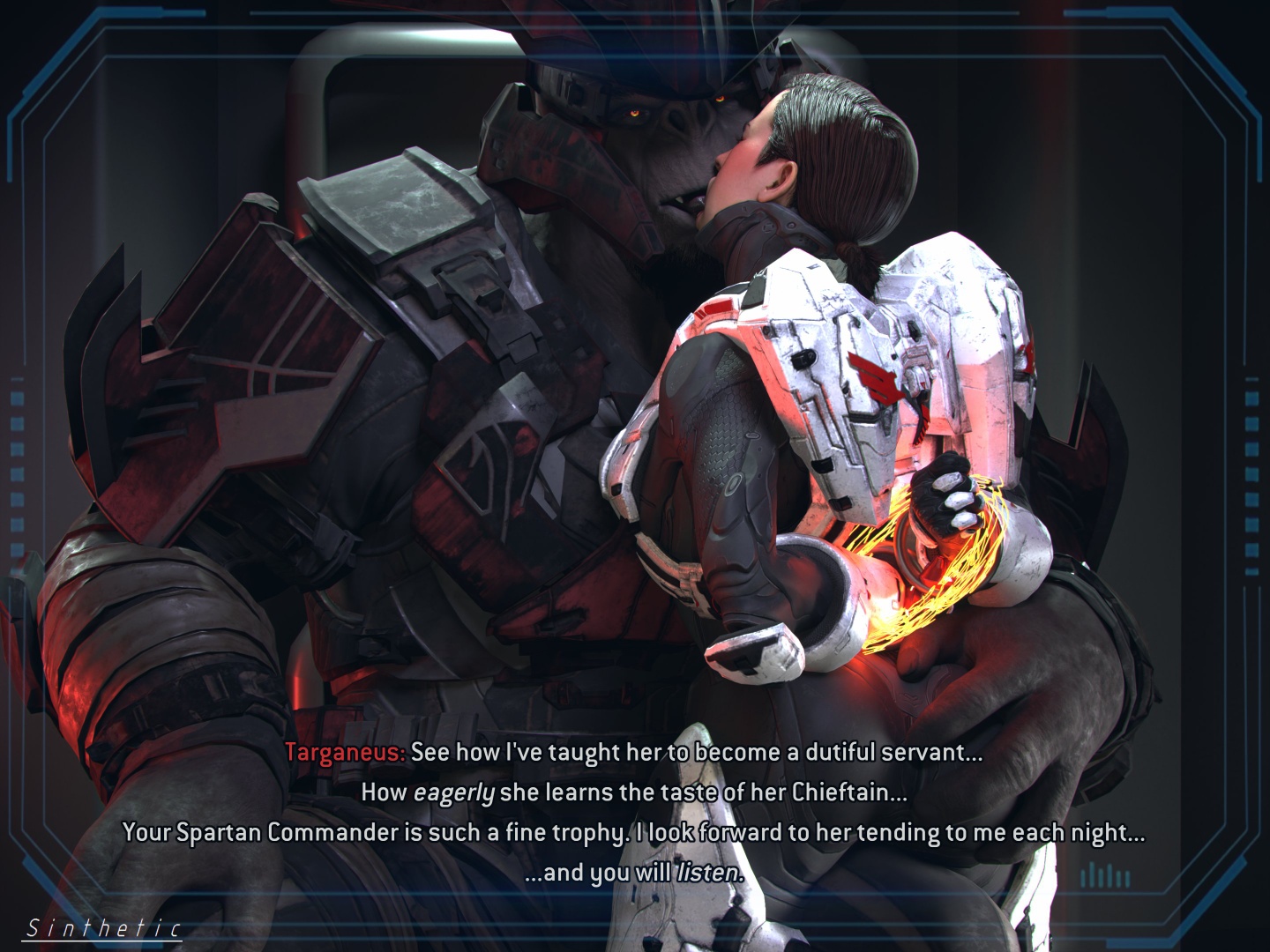 1boy, 1boy1girl, 1girls, 3d, armored female, dialogue, female, female spartan (halo), halo (game), halo (series), jiralhanae, kissing, sarah palmer, sinthetic, spartan (halo), tagme, targaneus (sinthetic)