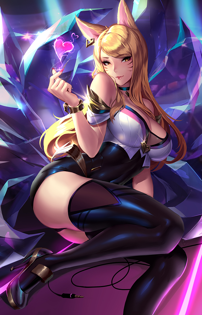 ahri, alternate costume, big breasts, blonde hair, breasts, cianyo, cleavage, female, female only, k/da ahri, k/da series, large breasts, league of legends, lipstick, looking at viewer, solo, thighhighs