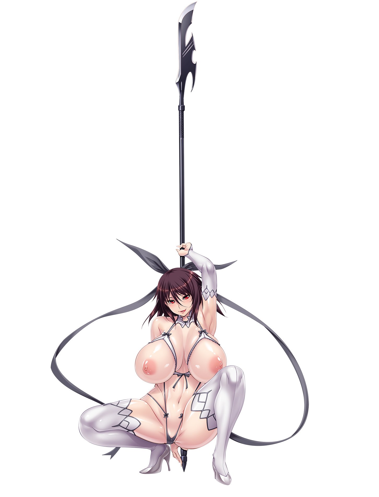 1girls, aoi nagisa (metalder), boots, breasts, curvy, demon, female, female only, highleg, highleg leotard, holding, holding weapon, huge breasts, hyper breasts, leotard, lilith-soft, looking at viewer, milf, mizuki shiranui, mother, nipples, official art, partially visible vulva, puffy nipples, purple hair, pussy, red eyes, shiny, shiny skin, simple background, smile, solo, spread legs, squatting, succubus, taimanin (series), taimanin rpgx, taimanin yukikaze, thighs, thong, thong leotard, weapon, white background