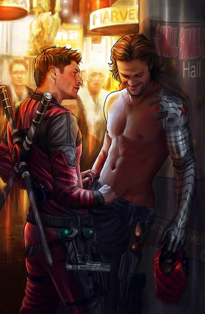 2boys abs artist_request audience being_watched brother_undressing_brother brothers bucky_barnes bucky_barnes_(cosplay) celebrity cosplay crossover deadpool deadpool_(cosplay) erect_nipples gay gay_incest incest jared_padalecki jensen_ackles male male_only marvel mask_removed muscles pecs petite_madame_(artist) pleasure_face prosthetic_arm shirtless supernatural supernatural_(series) television undressing undressing_another wanting_sex weapons wincest winter_soldier winter_soldier_(cosplay) yaoi