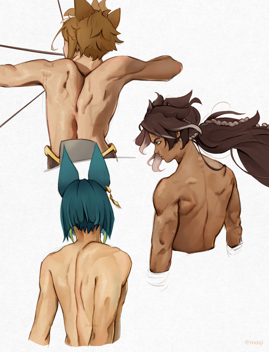 3boys archer back back_view dog_boy dog_ears flexing flexing_back fox_boy fox_ears genshin_impact gorou_(genshin_impact) green_hair long_hair long_hair_male male male_only nude ponytail sethos_(genshin_impact) shirtless shirtless_male tighnari_(genshin_impact) training