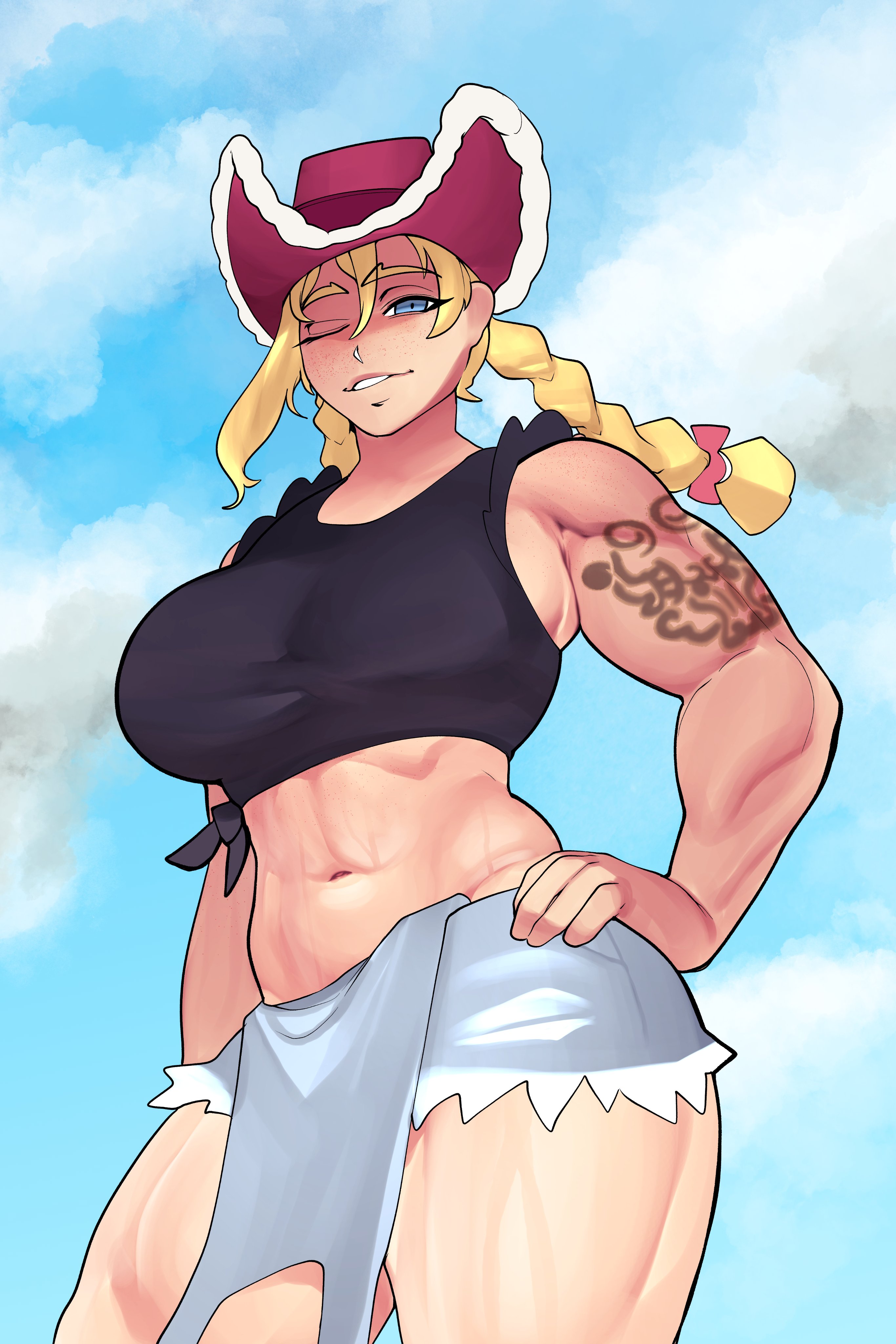 1girls, brothbowl, clothed, clothing, female, female only, kitt (pokemon), light skin, light-skinned female, muscles, muscular, muscular female, muscular thighs, pokemon, pokemon champions, rucola (pokemon), solo, tattoo, tattoo on arm, tattooed arm