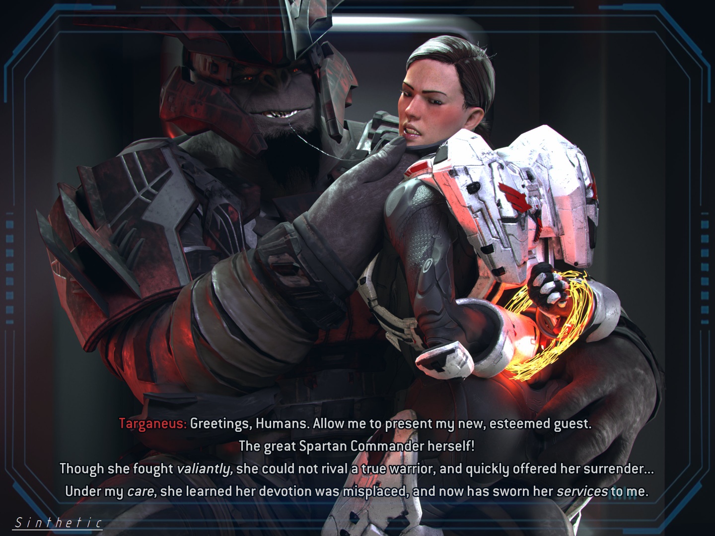 1boy, 1boy1girl, 1girls, 3d, armor, armored female, caressing face, dialogue, female, female spartan (halo), grabbing ass, halo (game), halo (series), jiralhanae, sarah palmer, sinthetic, spartan (halo), tagme, targaneus (sinthetic)